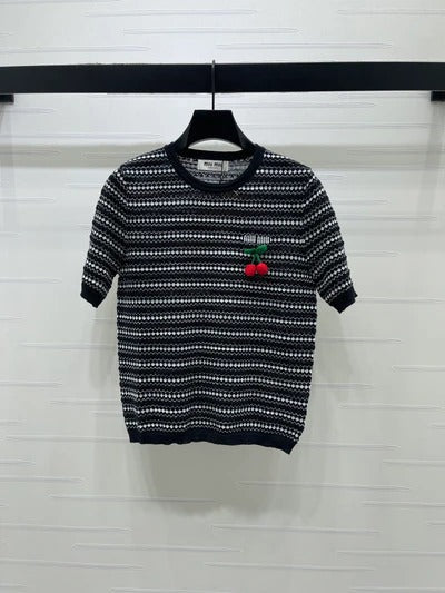 Miumiu 2026 Cherry-embroidered Knitted Shirt Tencel Nylon