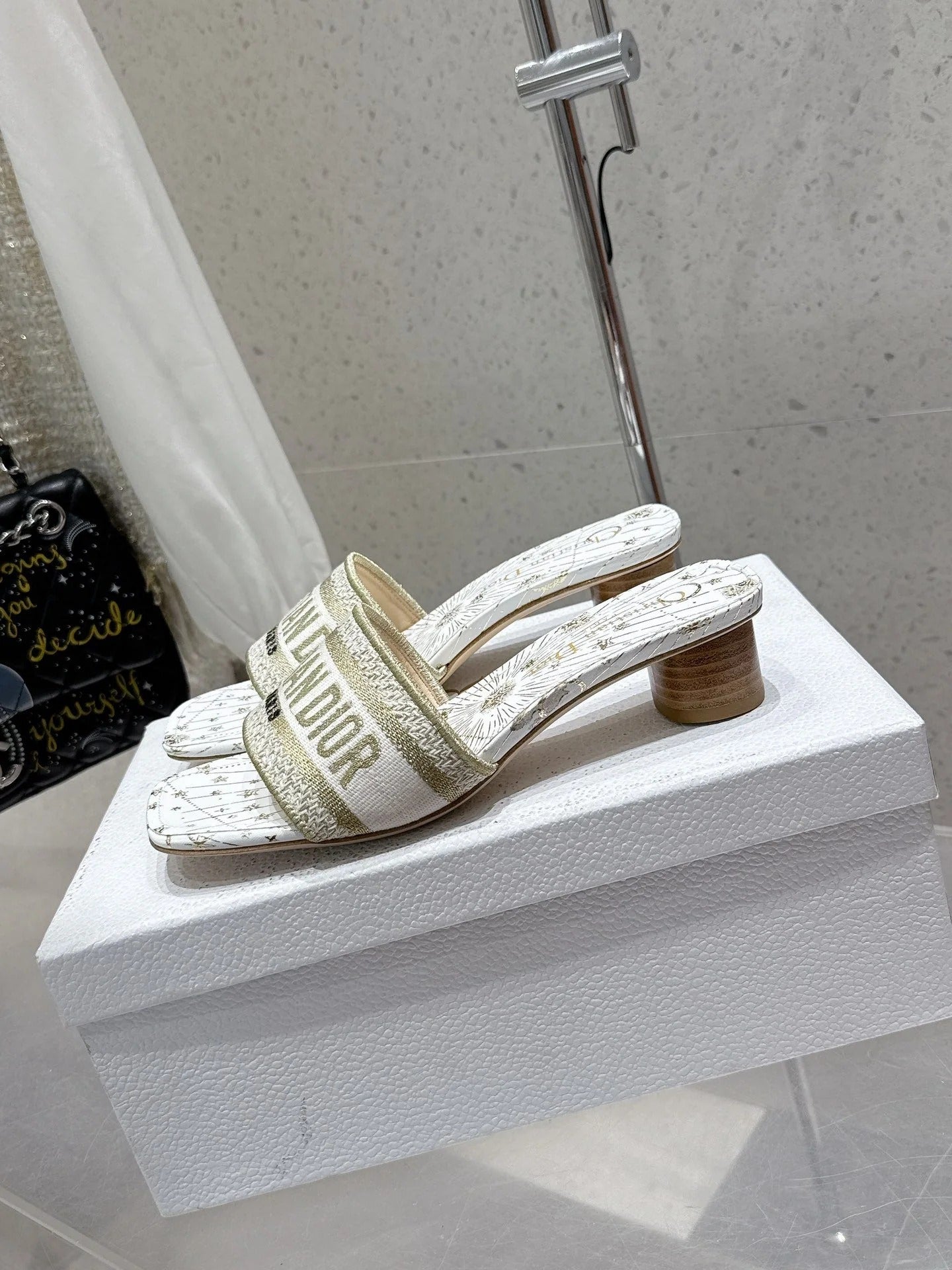 CD 26s Embroidered Flat Slippers Gold Canvas Leather 636394
