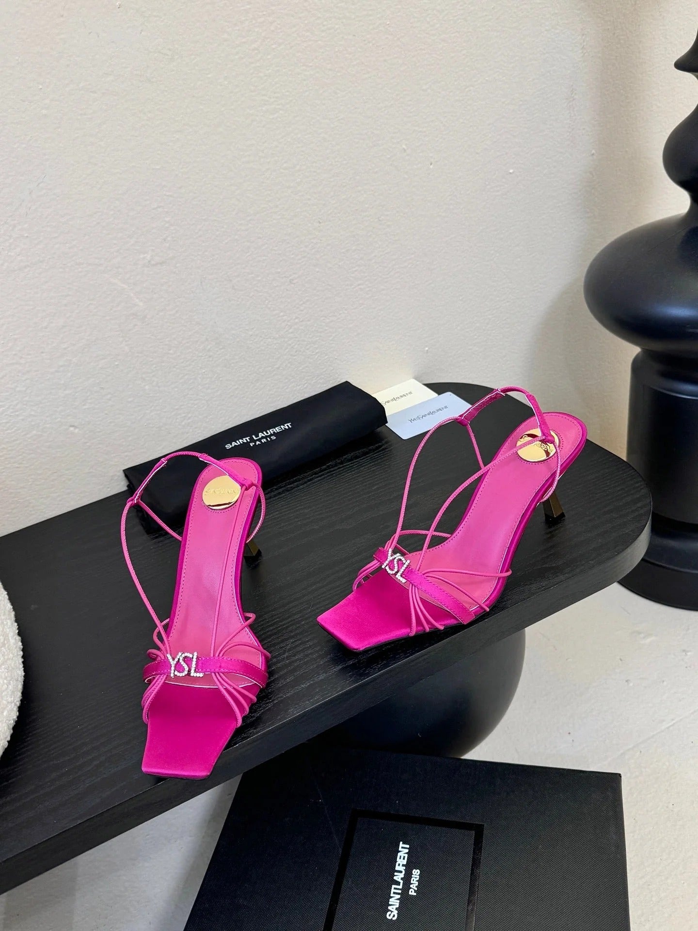 YSL 26ss Square Toe Sandals 70 Bright Pink Silk Sheepskin 651707