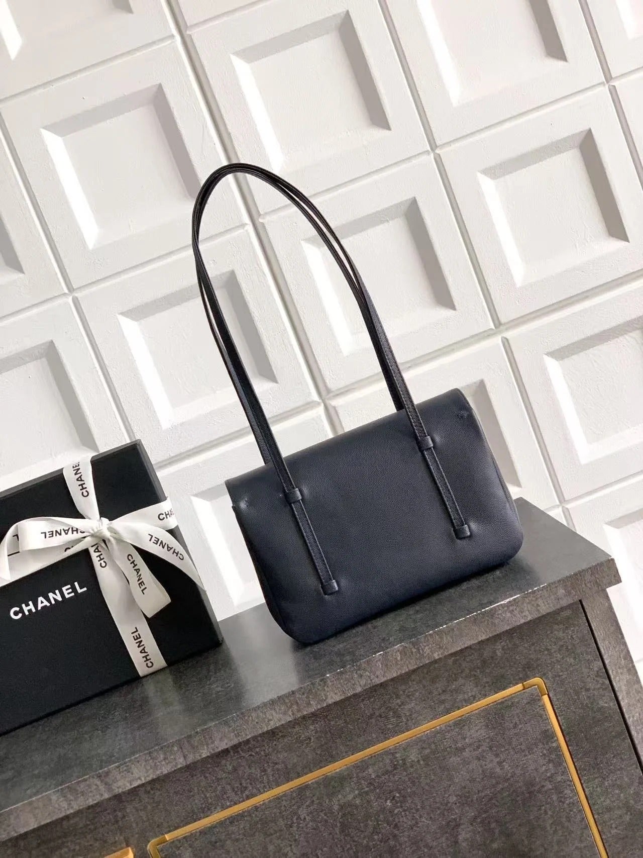 Chanel 2026 Bag 22cm Blue Grained Shiny Calfskin