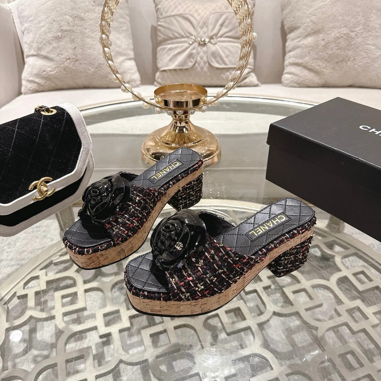 CC 26s Camellia Platform Slippers 65 Black Multicolor Tweed Leather 627052