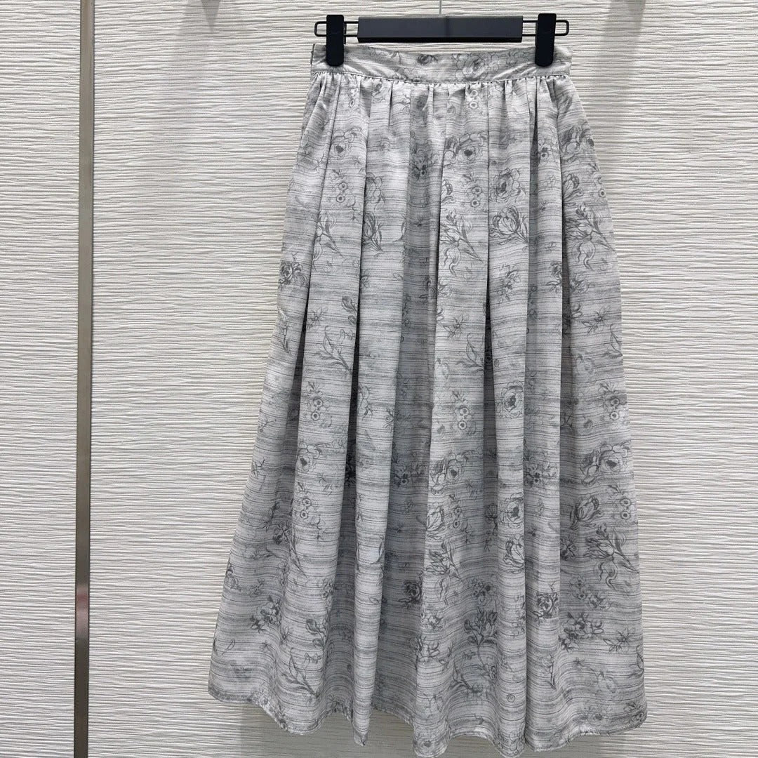 Dior 2026 Printed Pleated Skirt White Gray Polyester