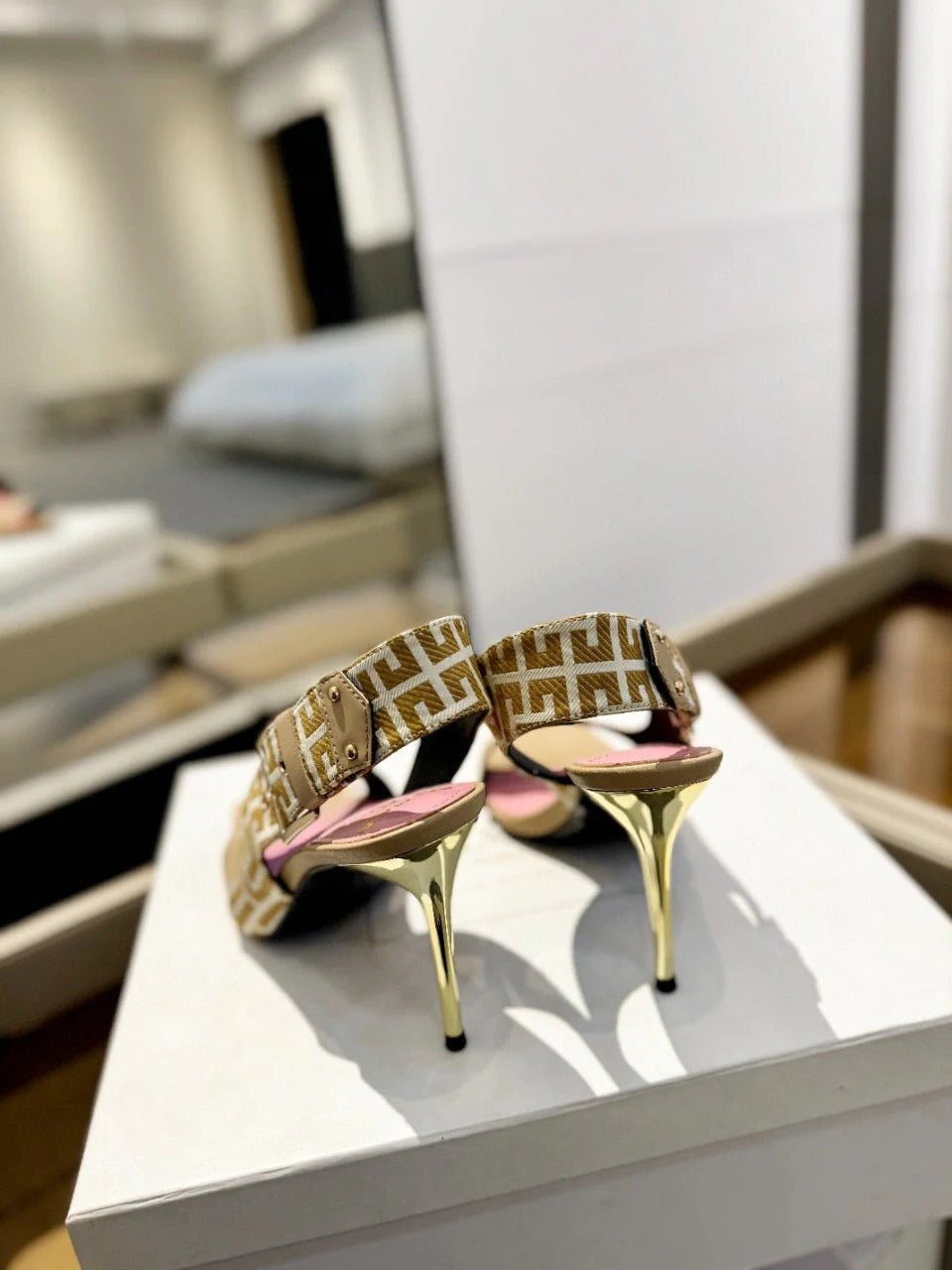 RUBY SANDALS IN BEIGE CALFSKIN AND PB LABYRINTH CANVAS