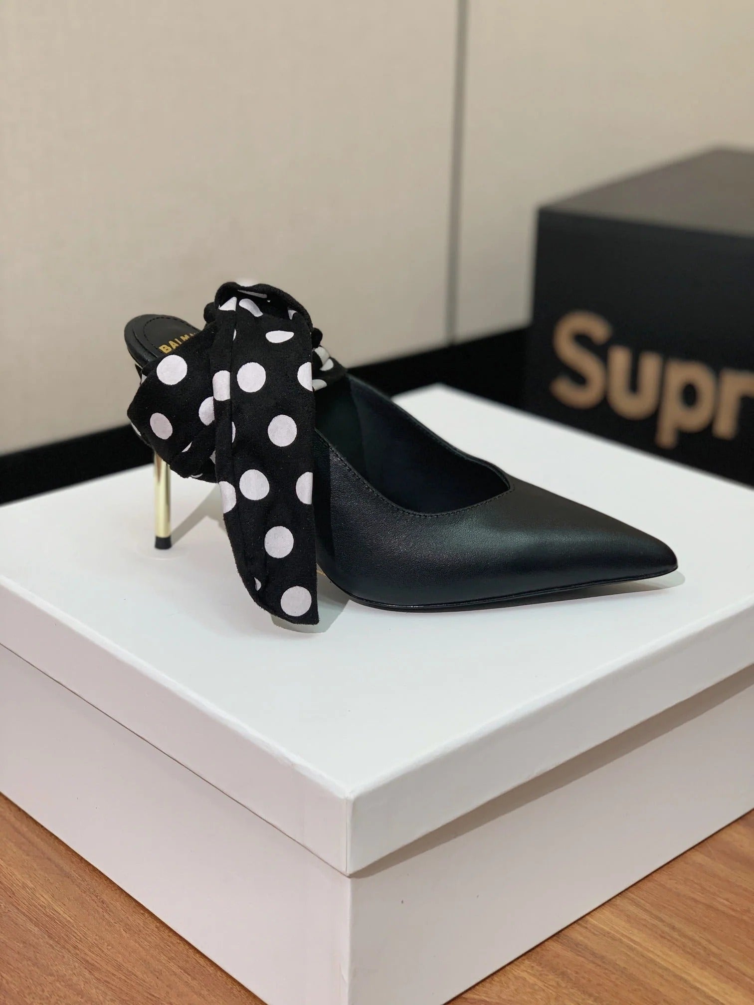 BALMAIN 25S BAKARI MULE WITH MONOCHROME POLKA DOT STRAP 95MM IN BLACK CALFSKIN
