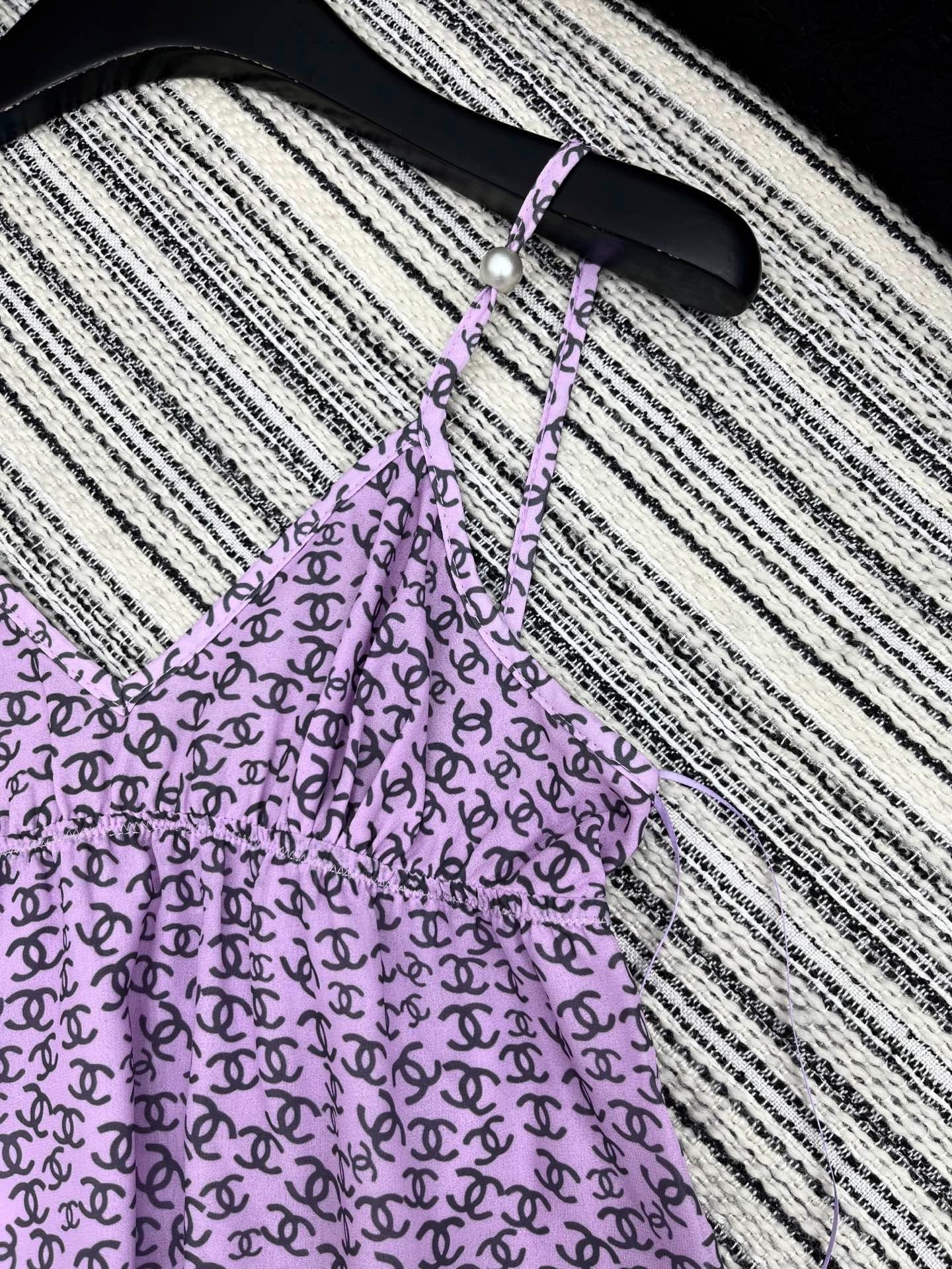 CHANEL PURPLE SILK CAMELLIA DRESS WITH PEARL DETAILS
