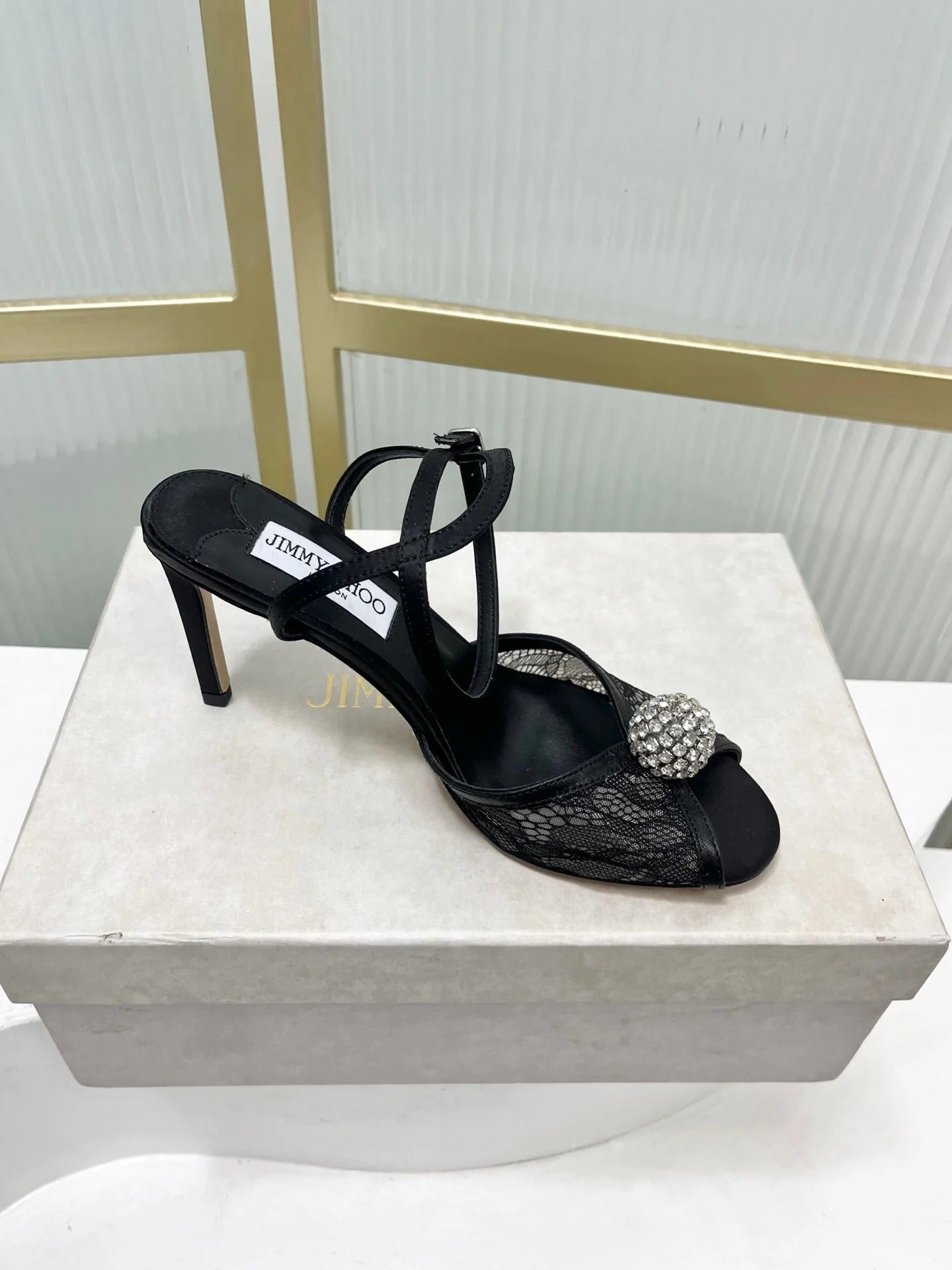 Jimmy 26s Peep-Toe High Heels 85 Black Lace Sheepskin 605973