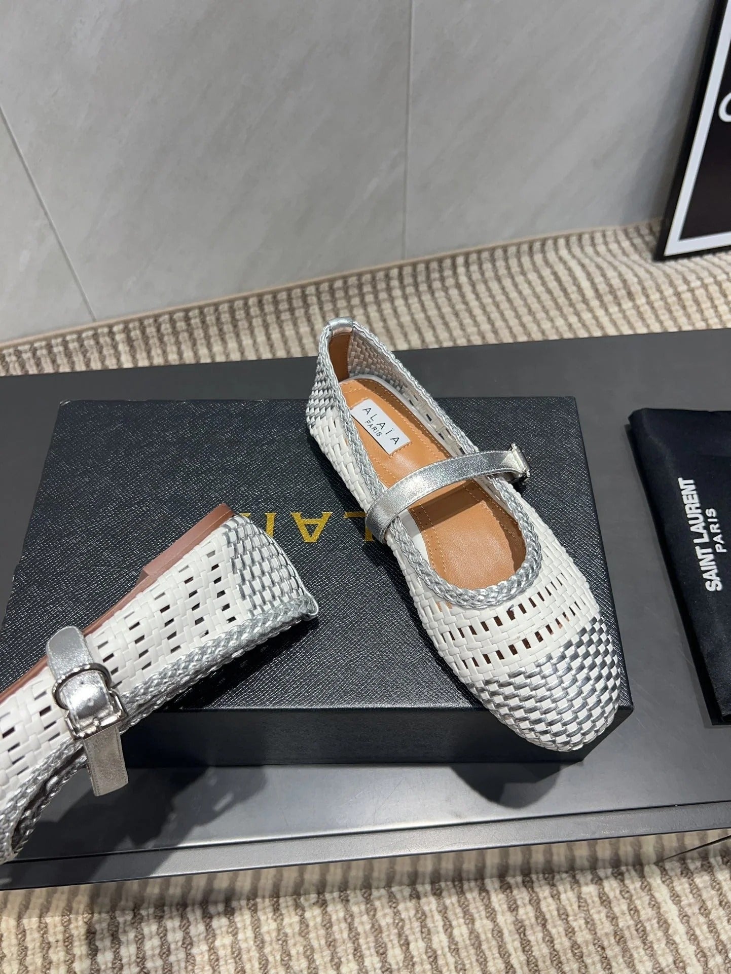 Alaia Mary Jane Flats Woven Pattern 25s In White Mix Grey Calfskin