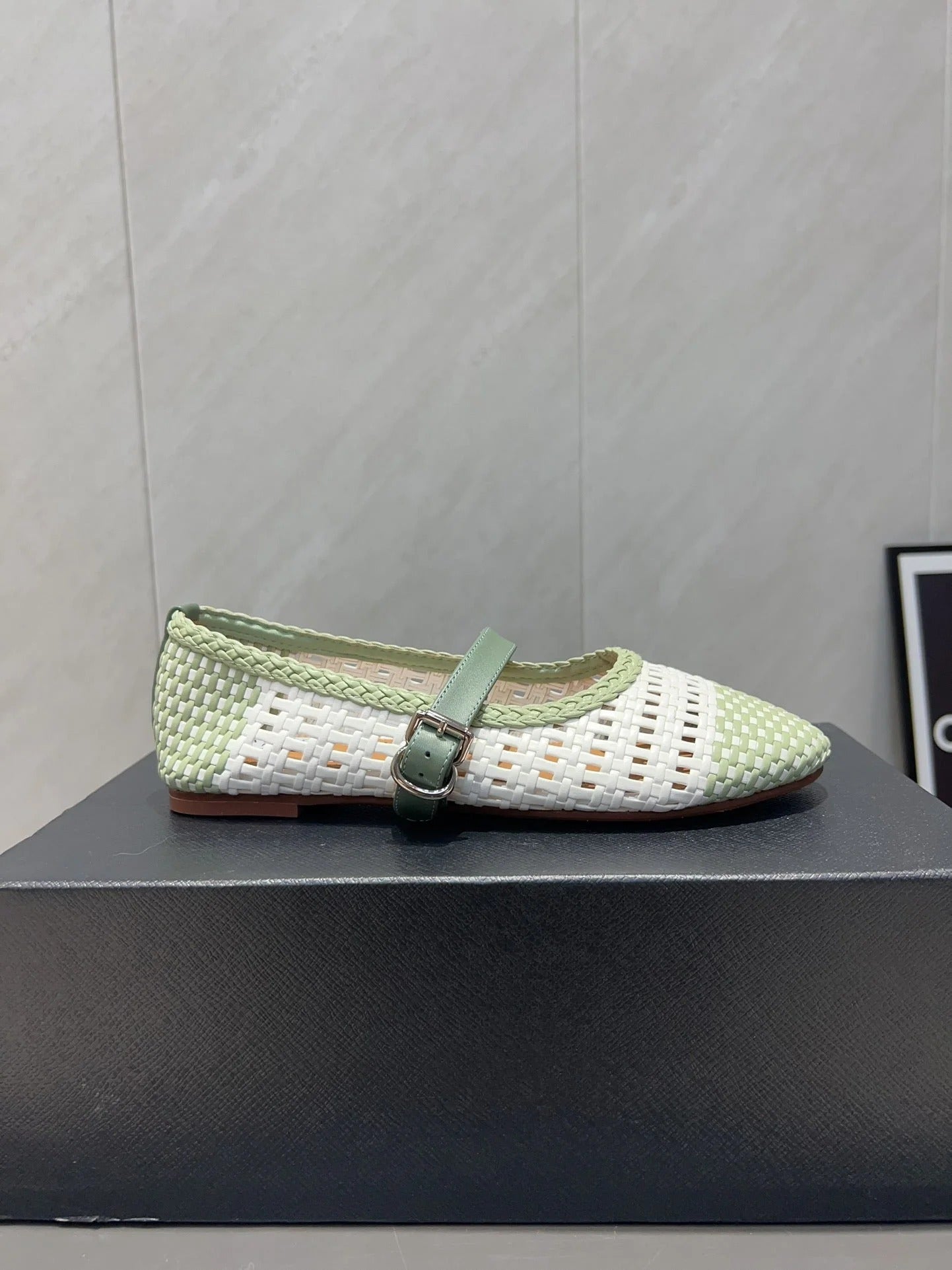 Alaia Mary Jane Flats Woven Pattern 25s In White Mix Pastel Green Calfskin