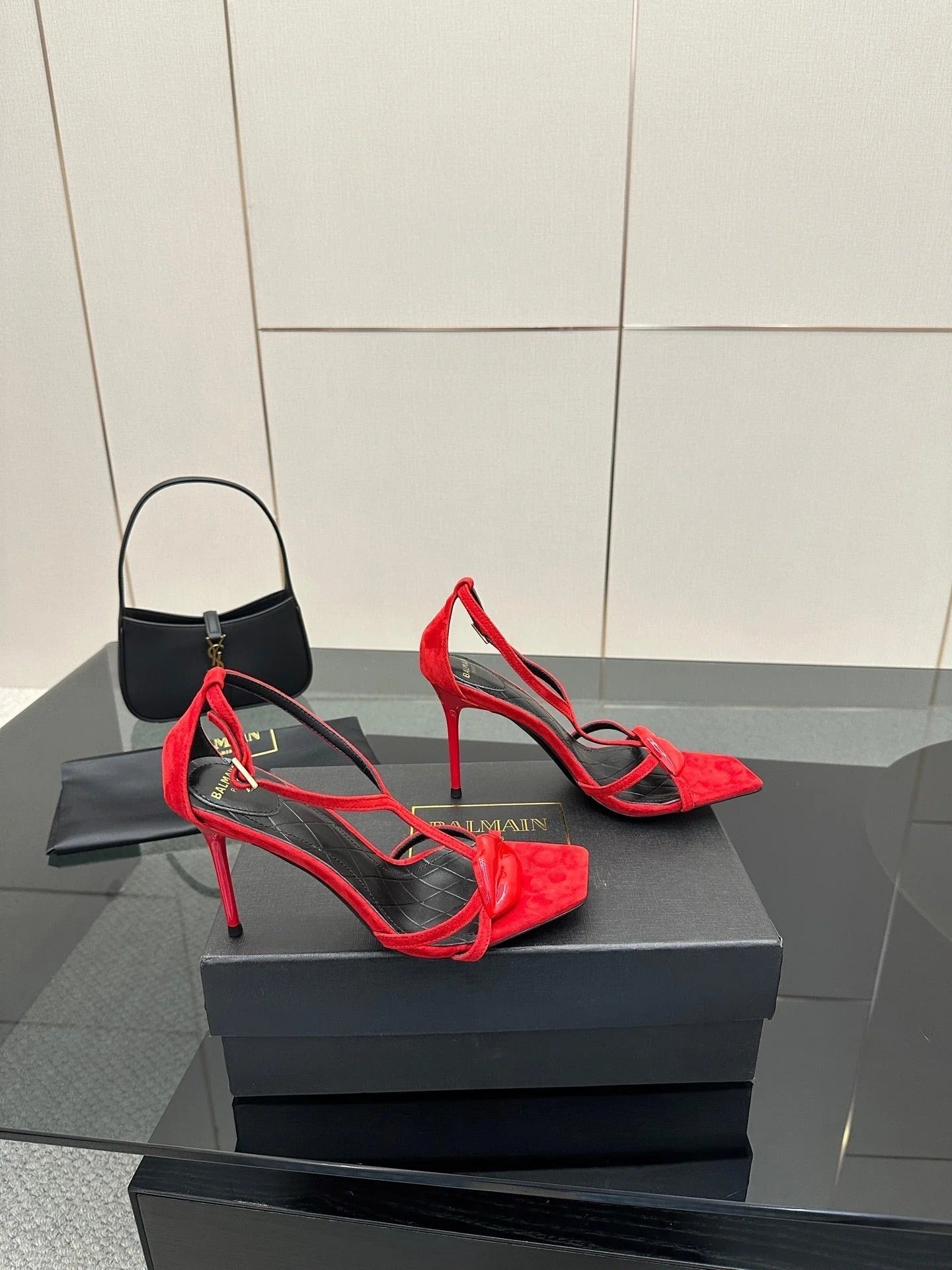 BALMAIN 25S LIPS SANDALS 10 IN CRIMSON RED SUEDE