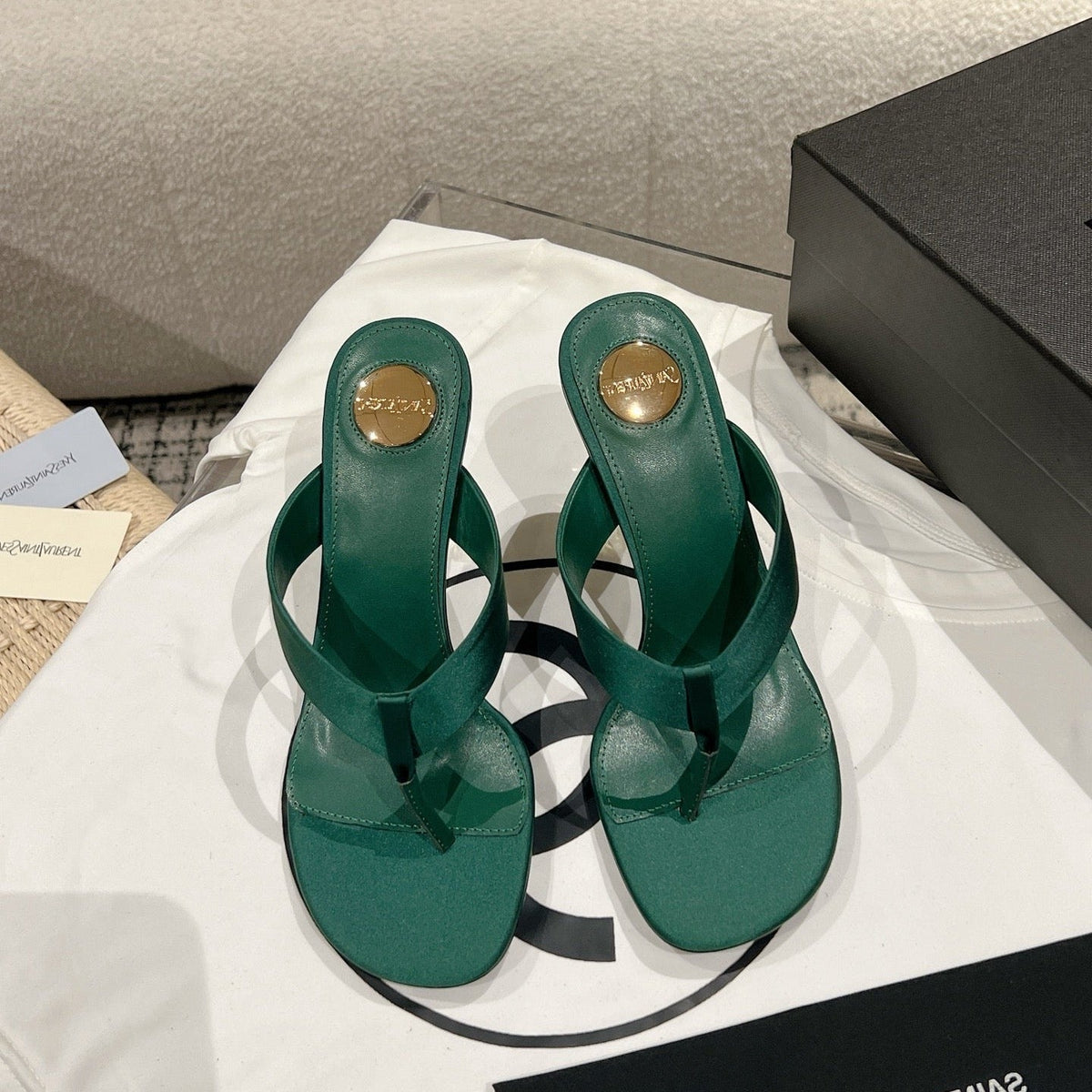 YSL 26S Heeled Thong Sandals 8.5cm Dark Green Satin