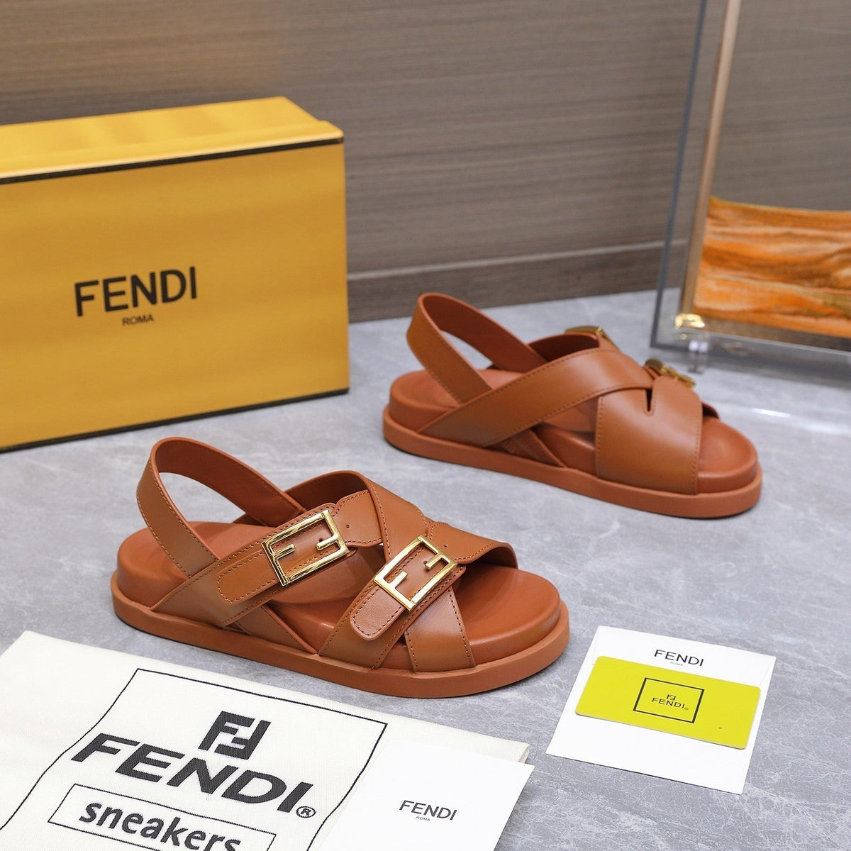 Fendi 26S Flat Sandals Brown Calfskin