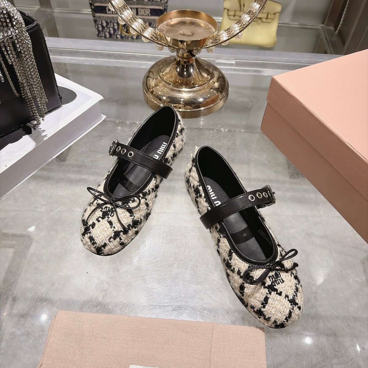 Miumiu 26S Mary Jane Flats Black And Beige Tweed Fabric