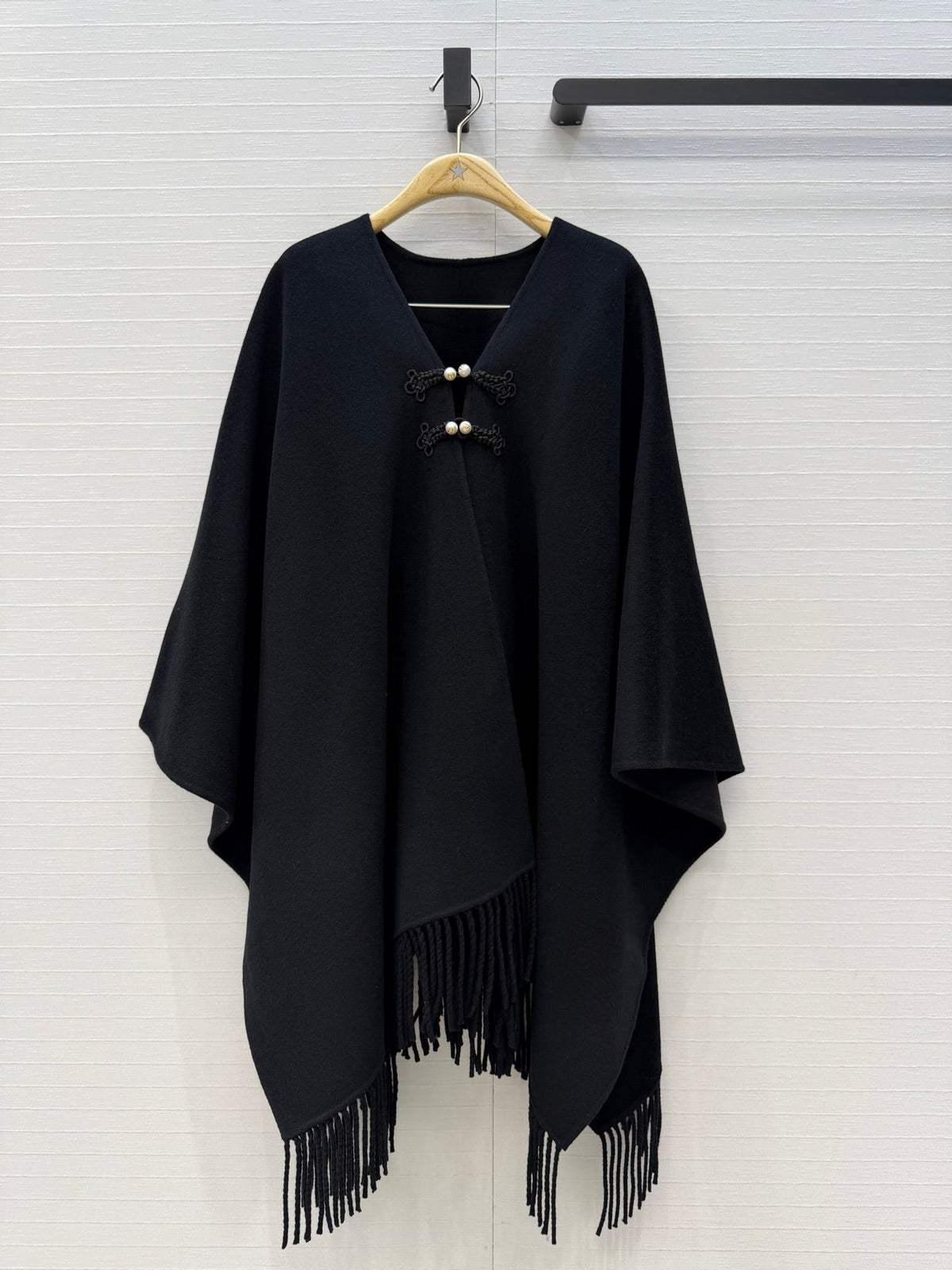 CD 26FW Cape Coat Knot Buttons Fringe Hem Black Wool 440413