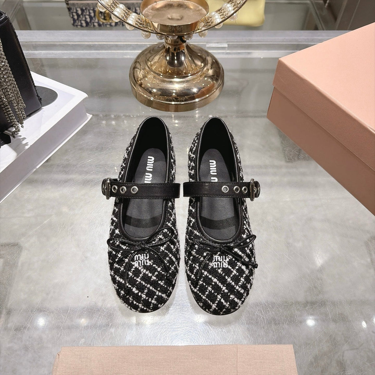 Miumiu 26S Mary Jane Flats Black And White Tweed Fabric