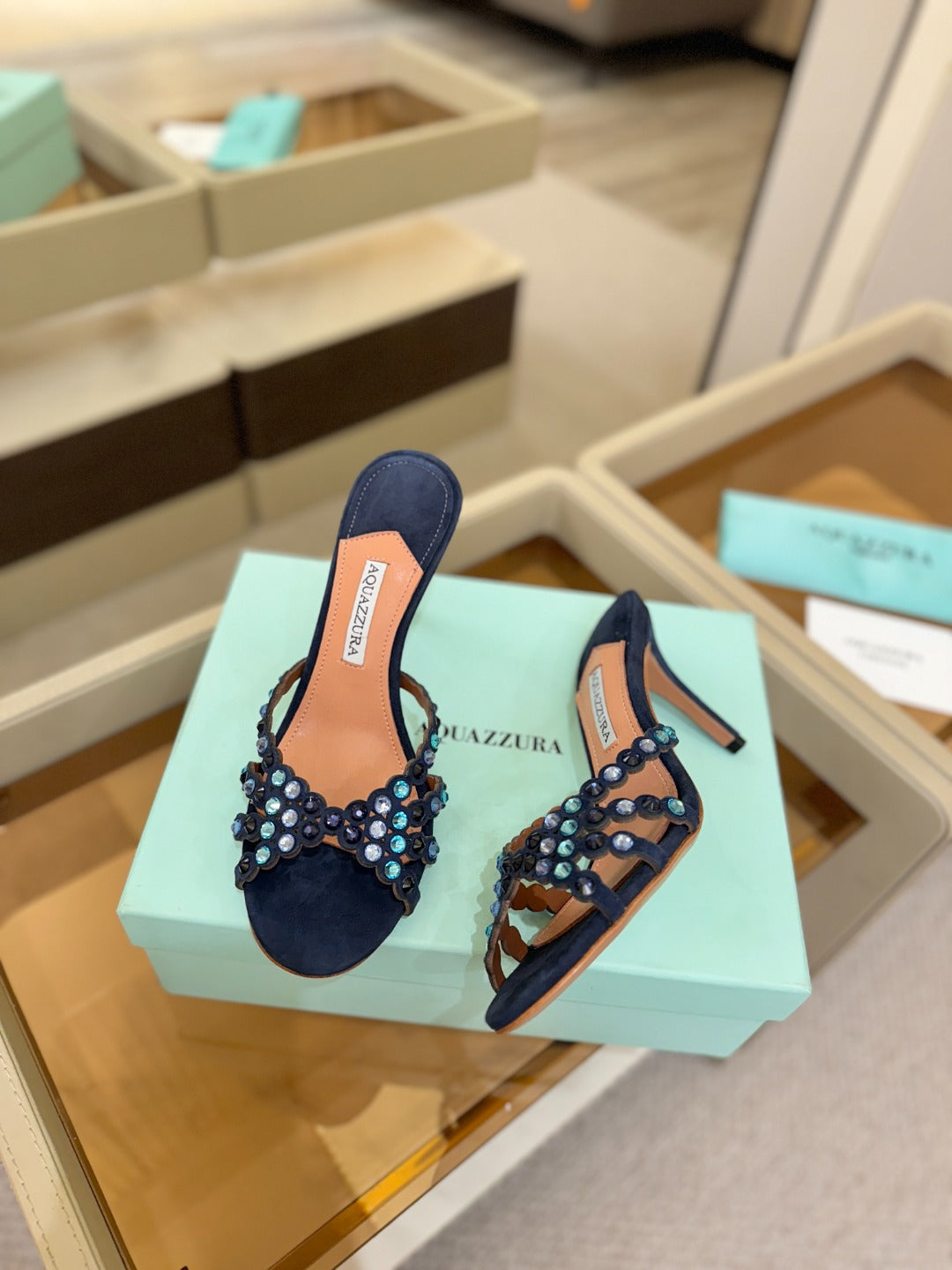 Aquazzura 26S Tequila Heeled Sandals 8.5cm Navy Blue Suede