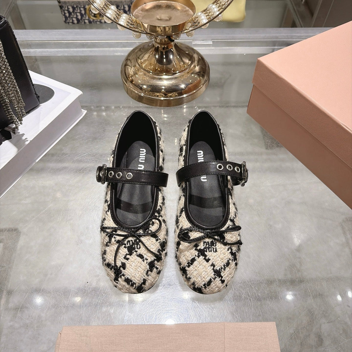 Miumiu 26S Mary Jane Flats Black And Beige Tweed Fabric