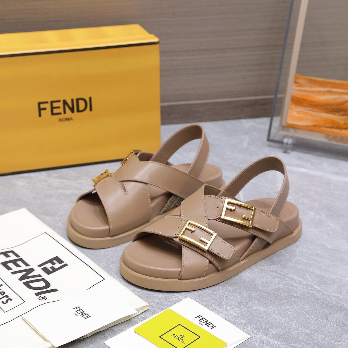 Fendi 26S Flat Sandals Pale Beige Calfskin