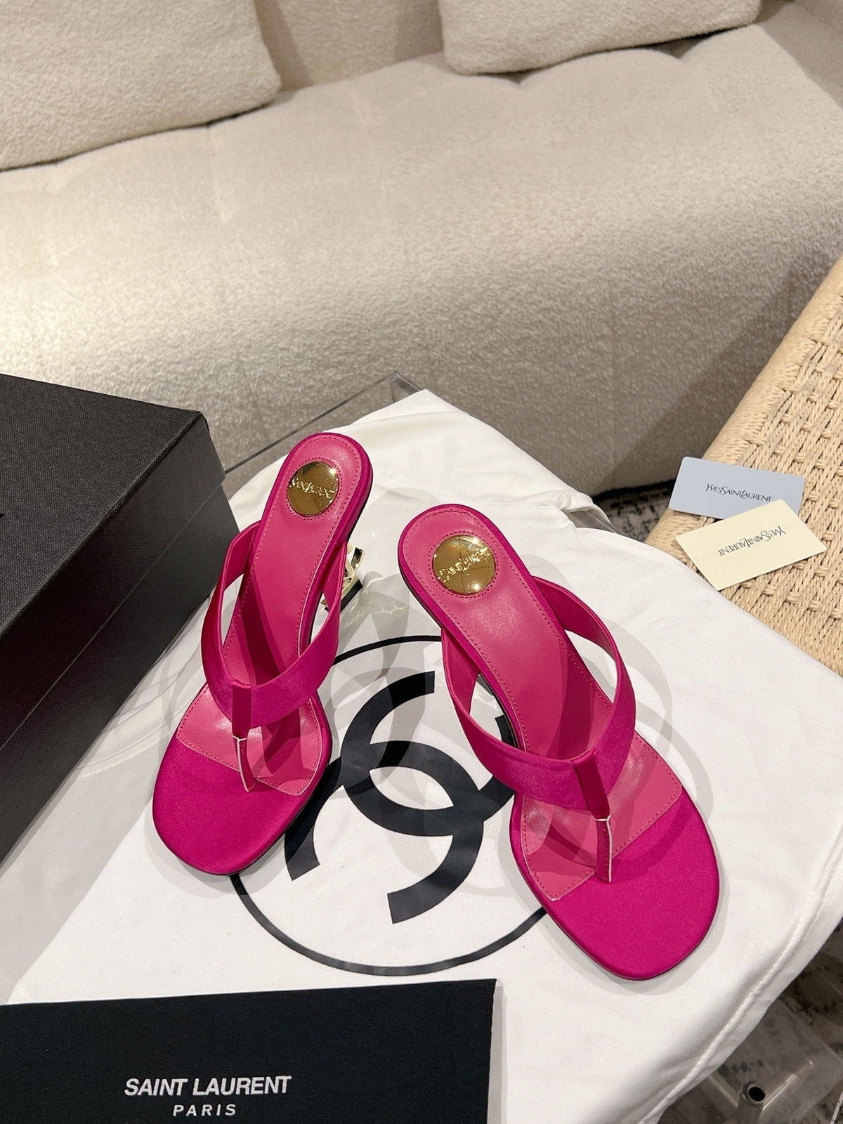 YSL 26S Heeled Thong Sandals 8.5cm Dark Pink Satin