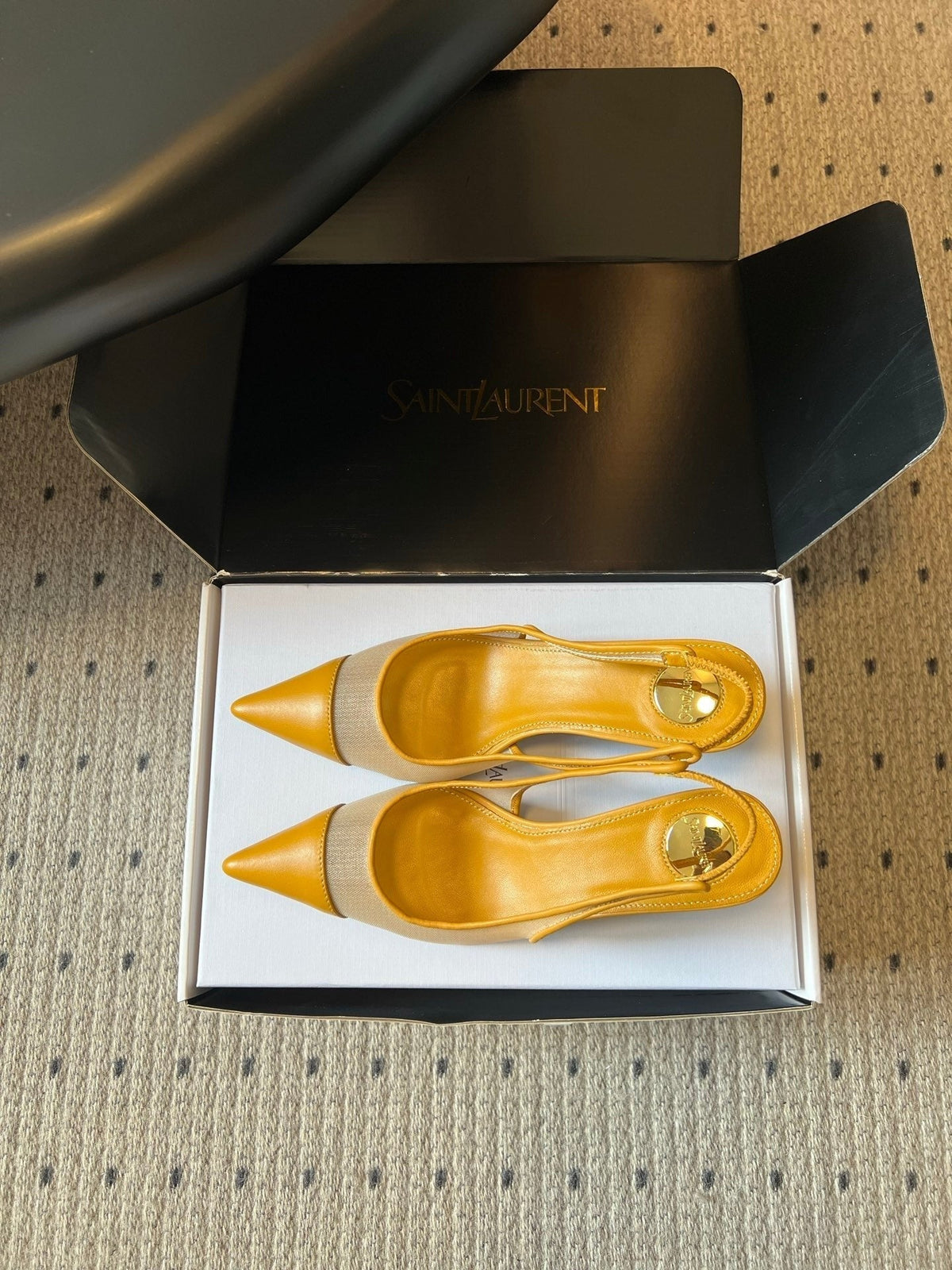 YSL 26S Heeled Slingbacks 6cm Mustard Yellow Lambskin And Beige Mesh