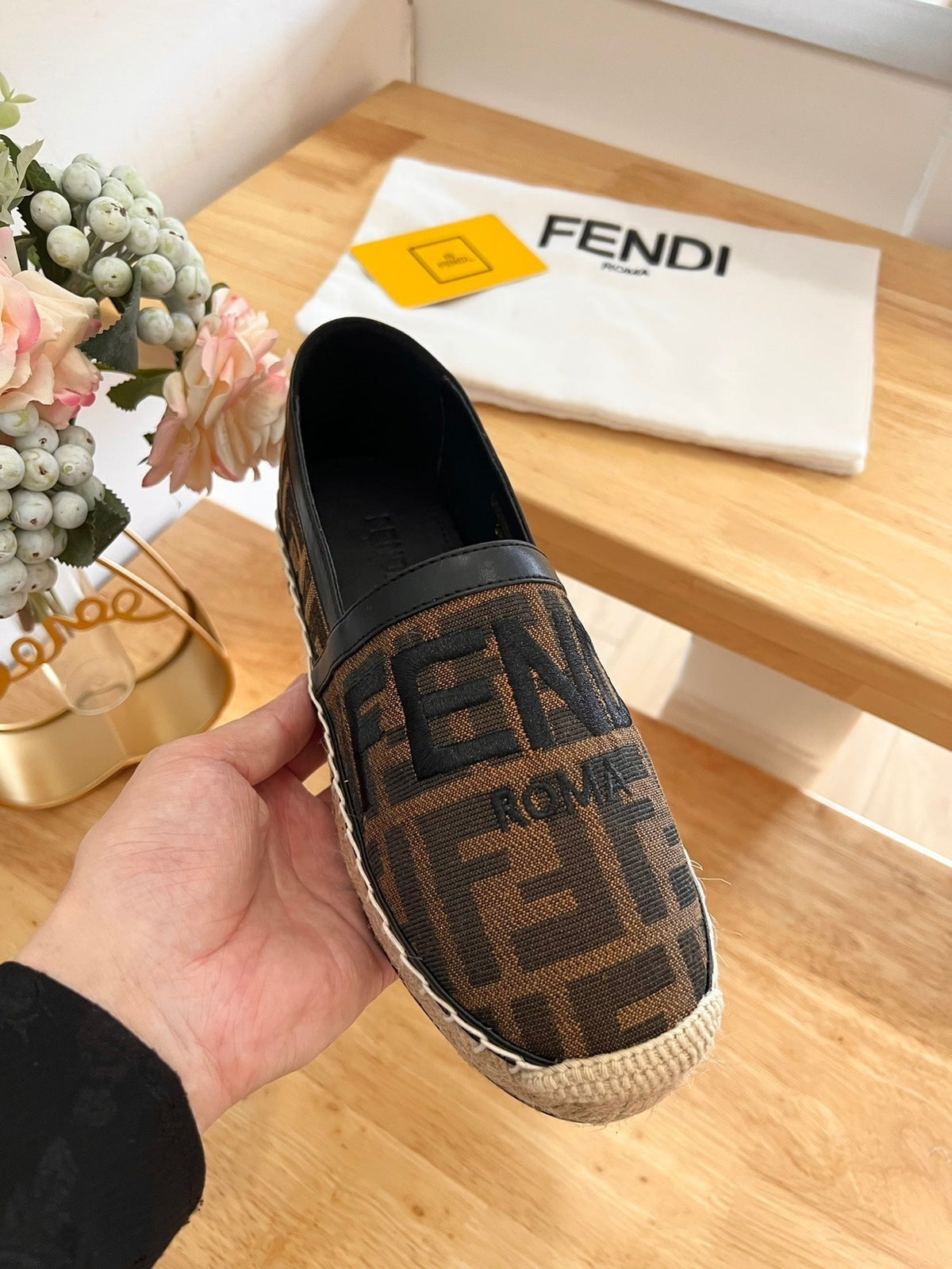 Fendi 26S Espadrille Loafers Dark Brown And Black Canvas Style 1
