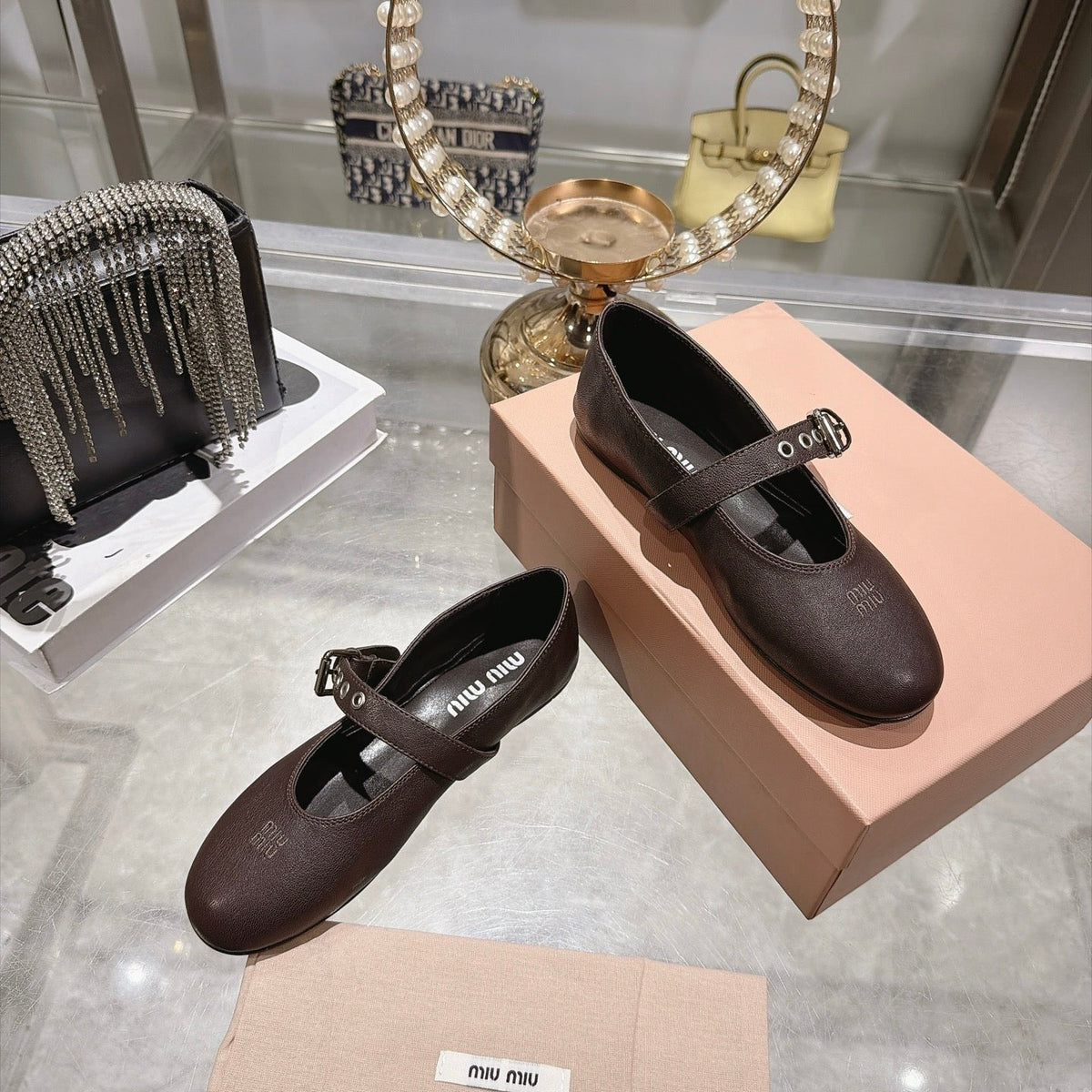 Miumiu 26S Mary Jane Flats Dark Brown Lambskin