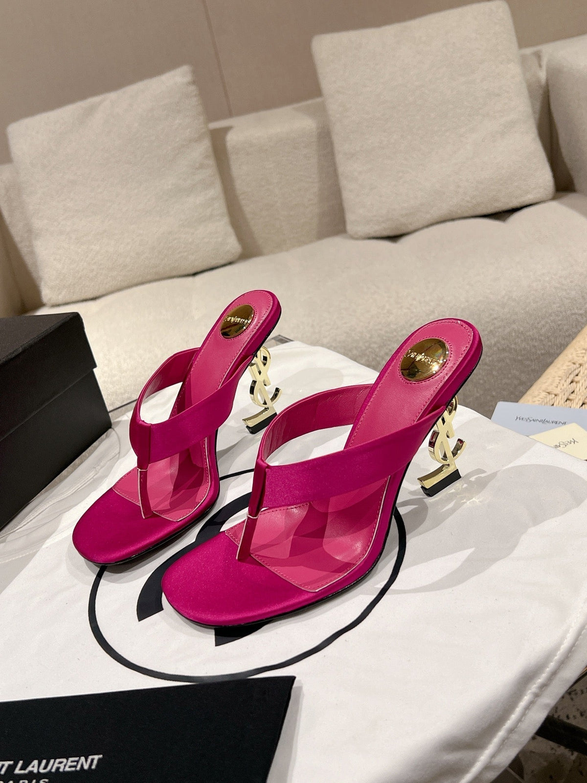 YSL 26S Heeled Thong Sandals 8.5cm Dark Pink Satin