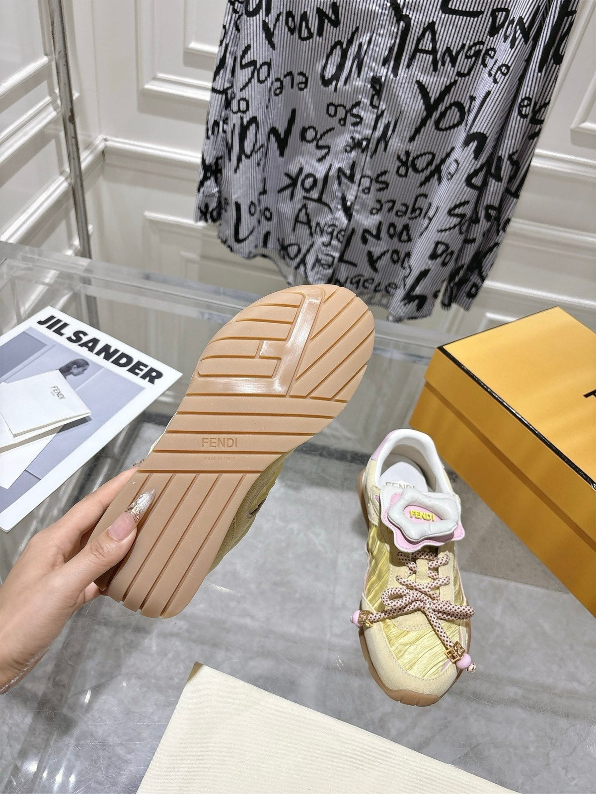 Fendi 26S Sneakers Light Yellow Fabric And Suede