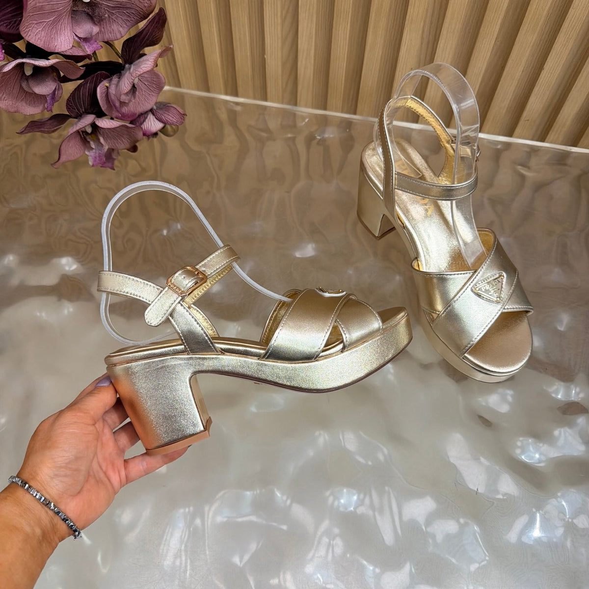 Prada 26S Block Heel Sandals 7.5cm Light Gold Calfskin