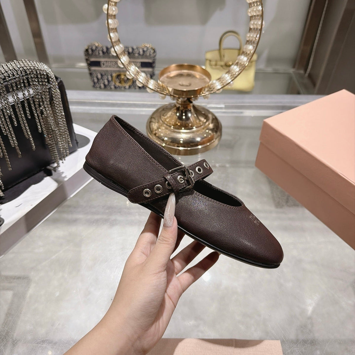 Miumiu 26S Mary Jane Flats Dark Brown Lambskin