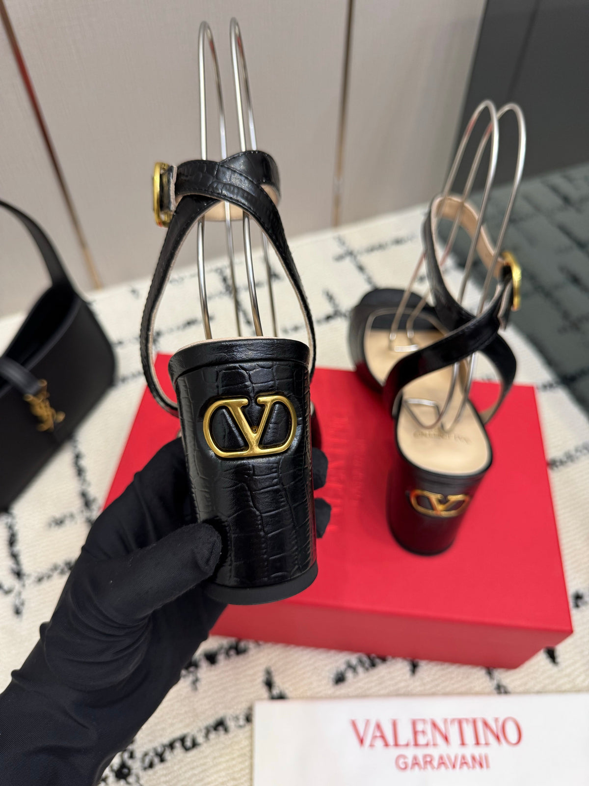 Valentino 26S Square Toe Ankle Strap Sandals In Black Croc-Embossed Leather