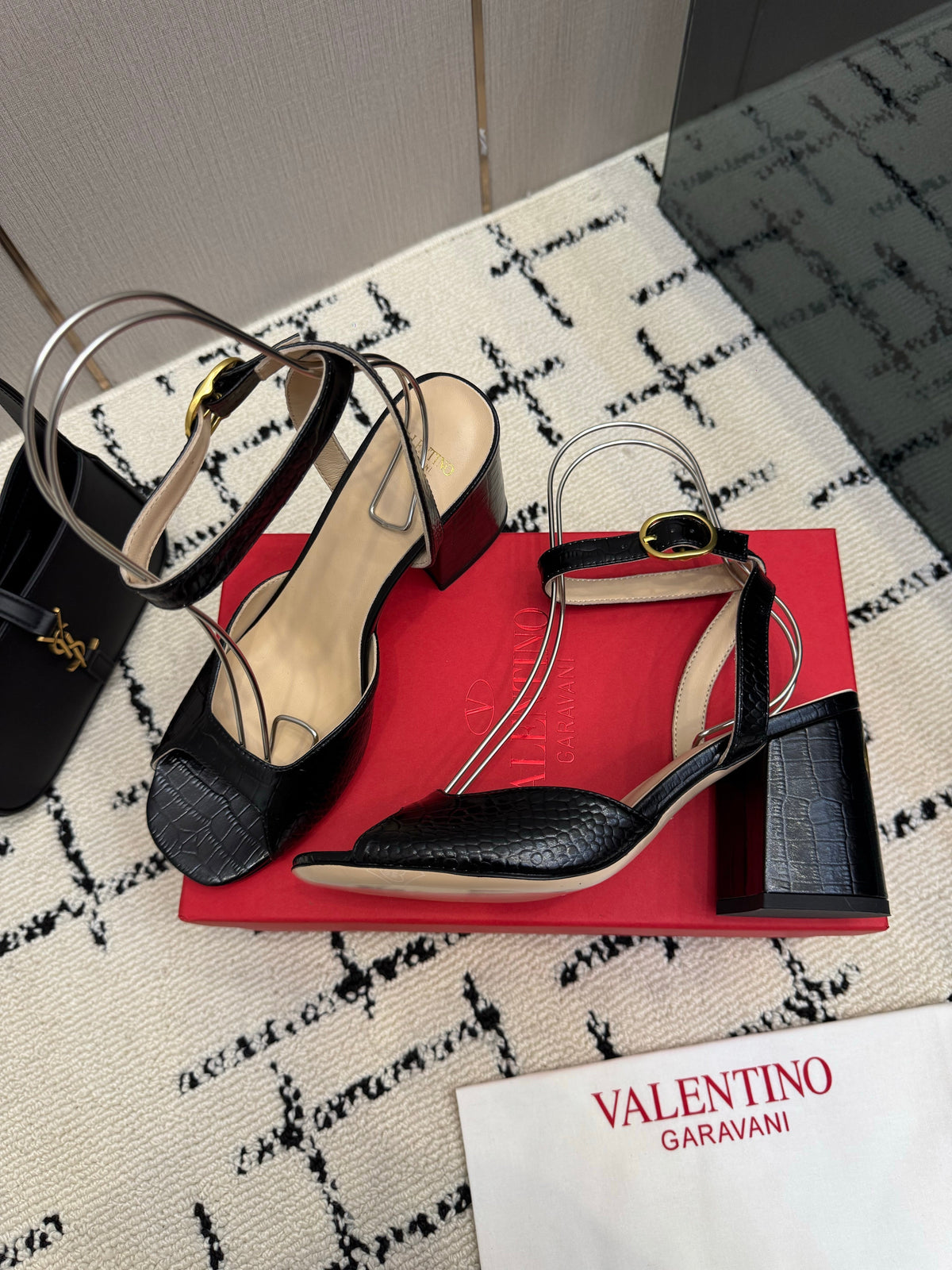Valentino 26S Square Toe Ankle Strap Sandals In Black Croc-Embossed Leather