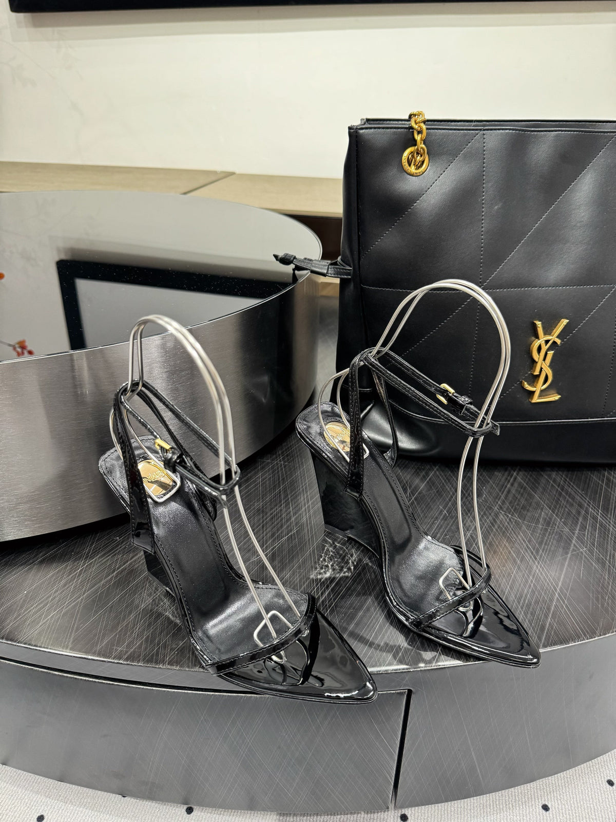 YSL 26S Wedge Heels 10.5cm Black Glossy Calfskin