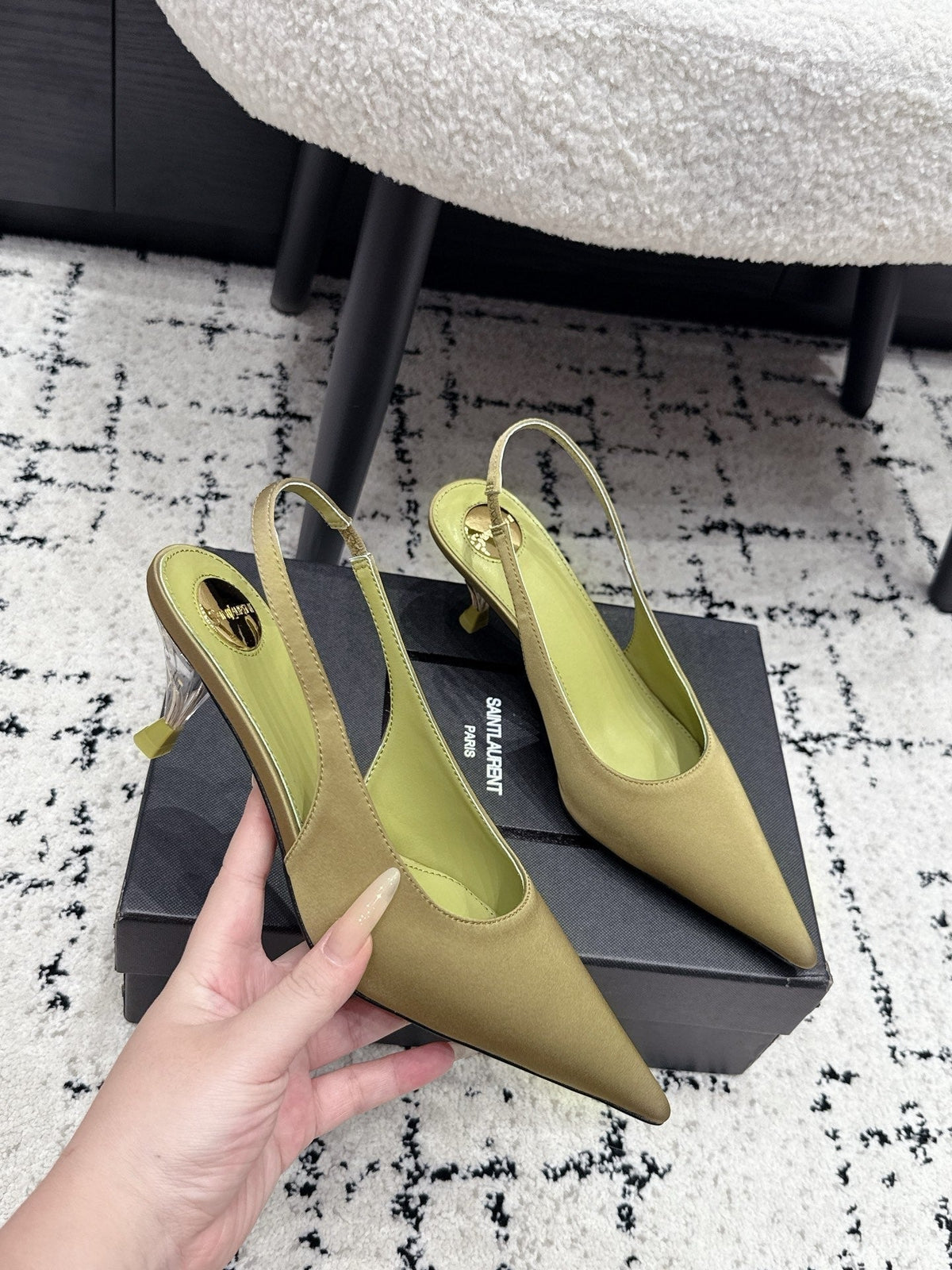 YSL 26S Slingback Pumps 6cm Olive Green Satin