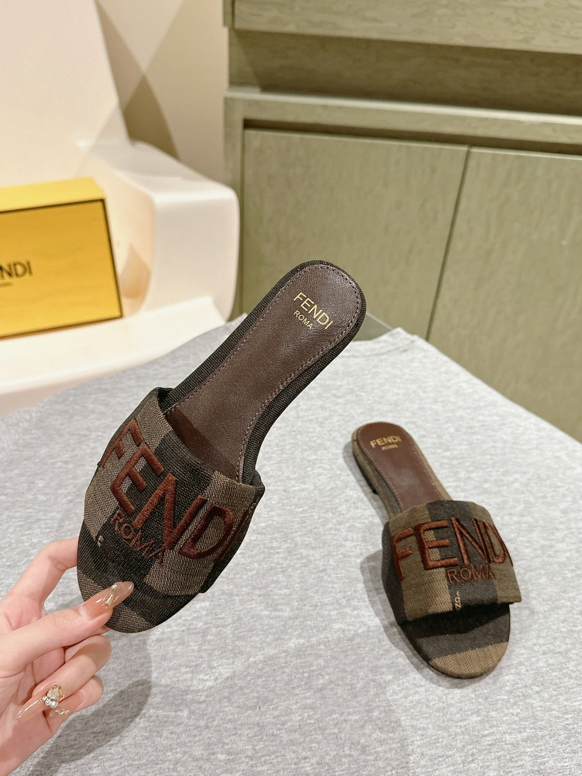 Fendi 26S Slide Sandals Khaki & Dark Brown Canvas