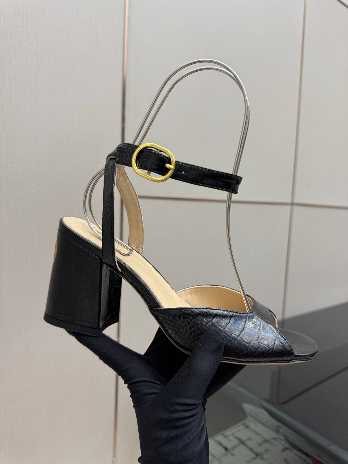 Valentino 26S Square Toe Ankle Strap Sandals In Black Croc-Embossed Leather