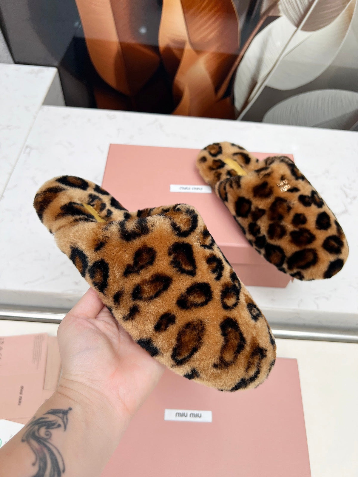 Miumiu 26S Mules Leopard Pattern Shearling