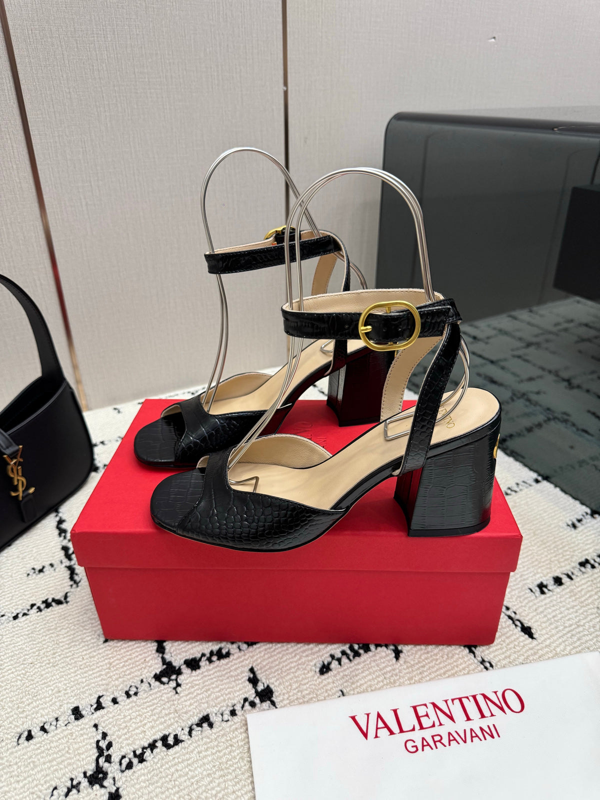 Valentino 26S Square Toe Ankle Strap Sandals In Black Croc-Embossed Leather