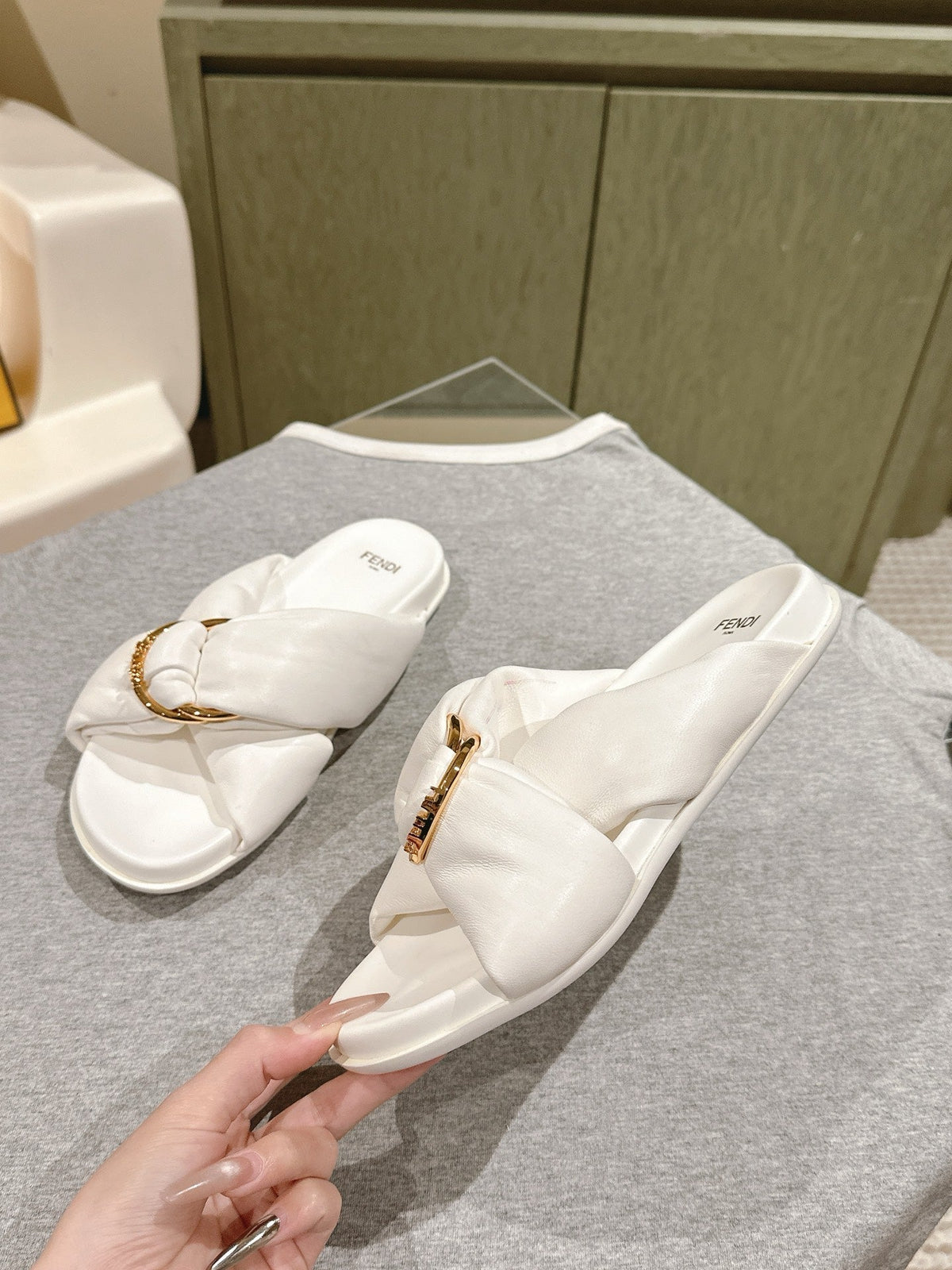 Fendi 26S Wide Cross-Strap Sandals White Lambskin