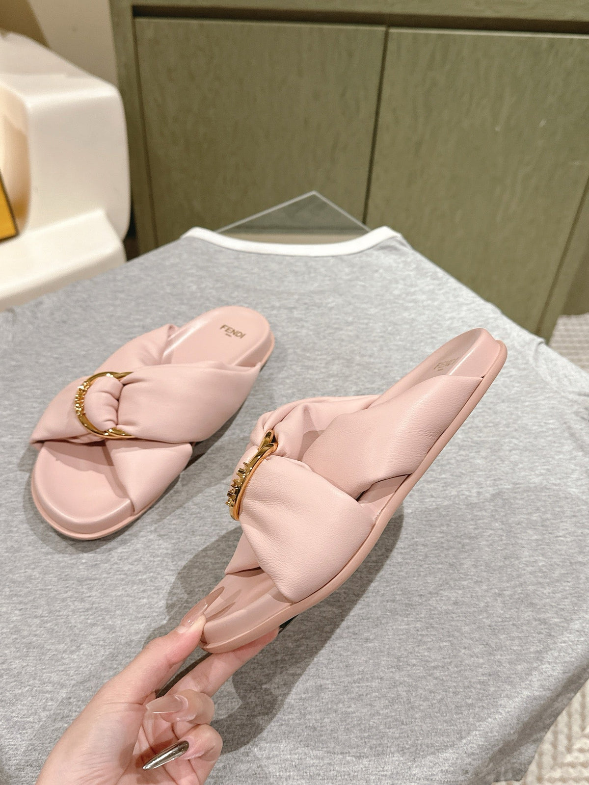 Fendi 26S Wide Cross-Strap Sandals Light Pink Lambskin