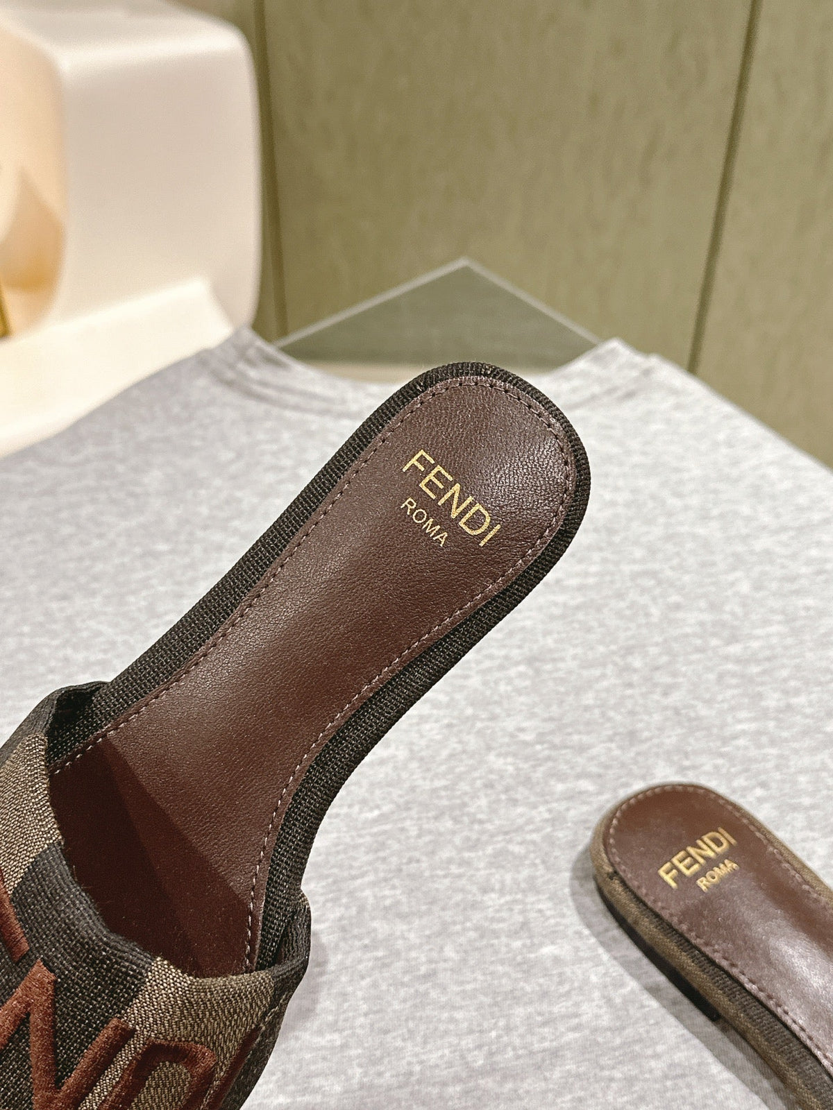 Fendi 26S Slide Sandals Khaki & Dark Brown Canvas