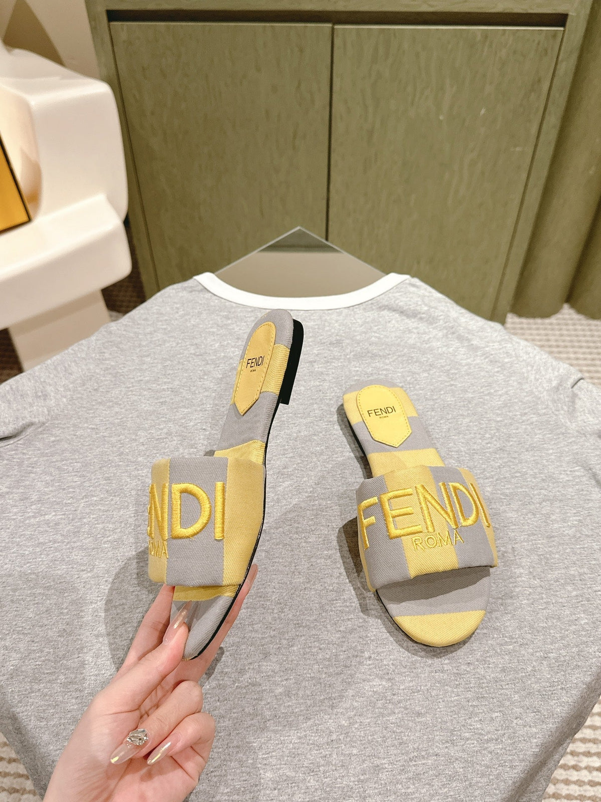 Fendi 26S Slide Sandals Yellow And Grey Canvas