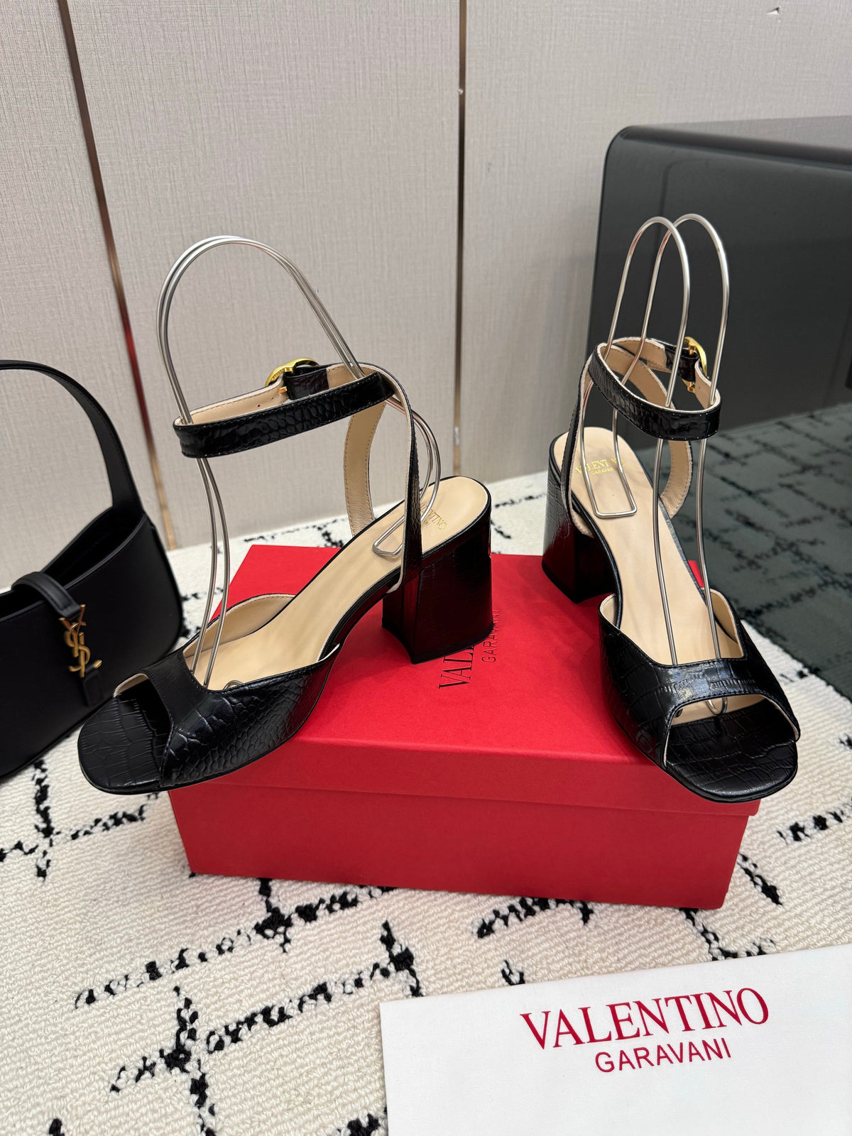 Valentino 26S Square Toe Ankle Strap Sandals In Black Croc-Embossed Leather