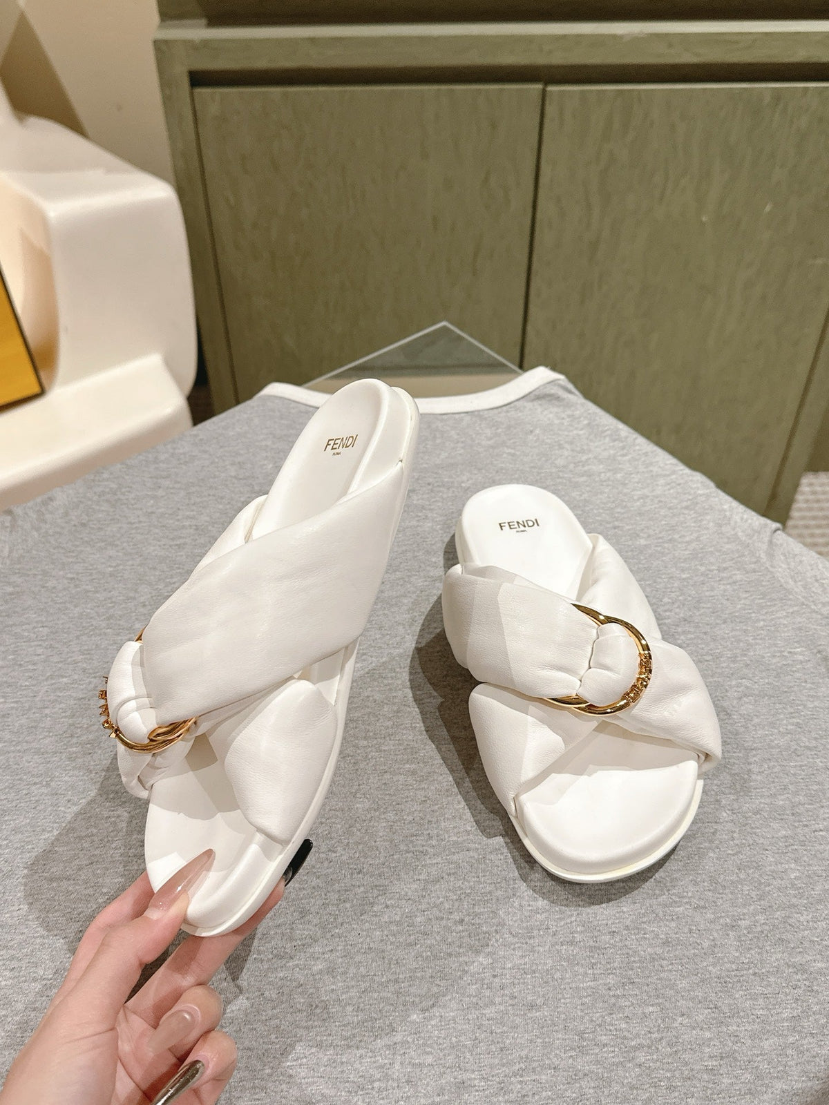 Fendi 26S Wide Cross-Strap Sandals White Lambskin