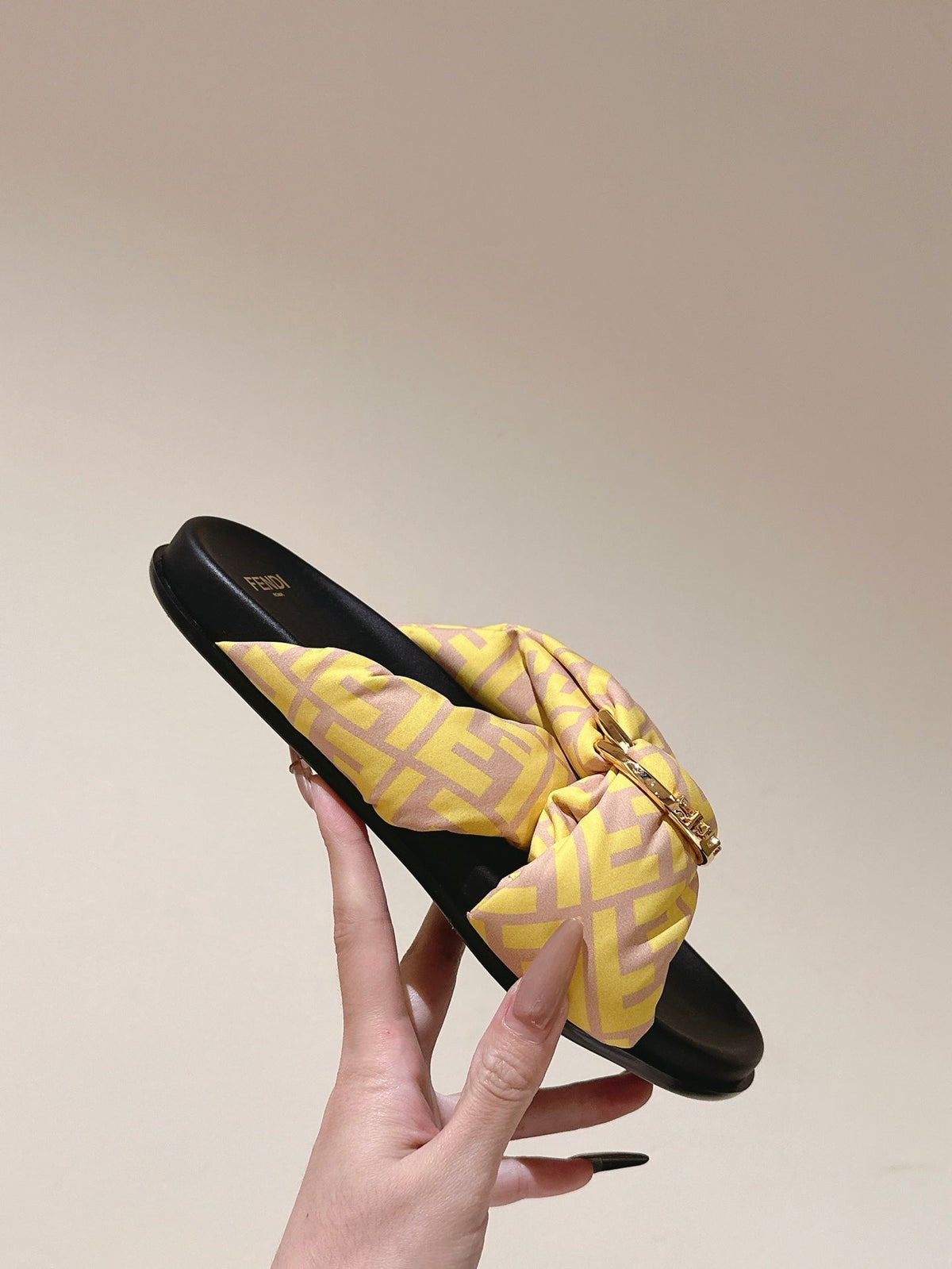 Fendi 26S Wide Cross-Strap Sandals Yellow Fabric
