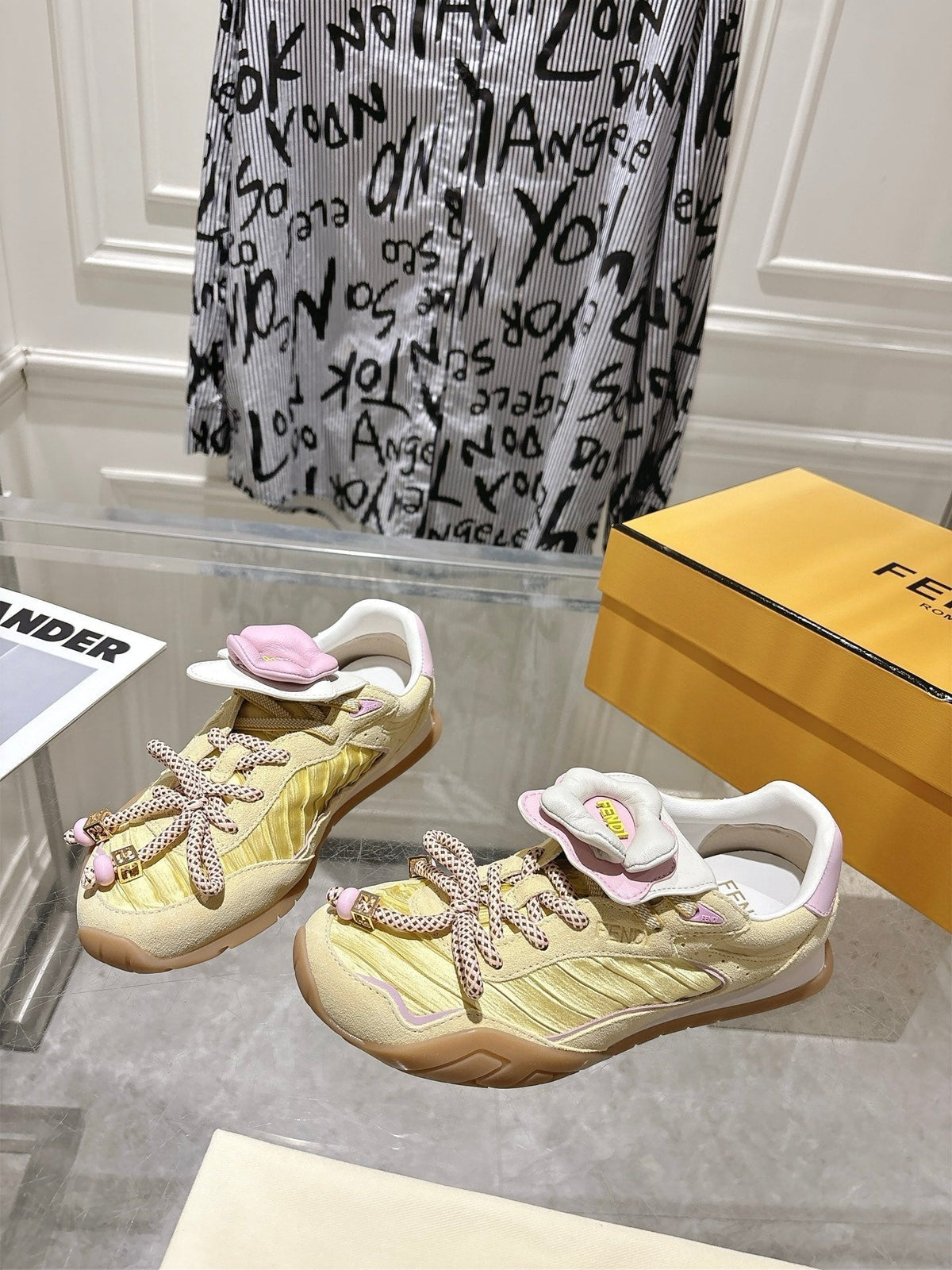 Fendi 26S Sneakers Light Yellow Fabric And Suede