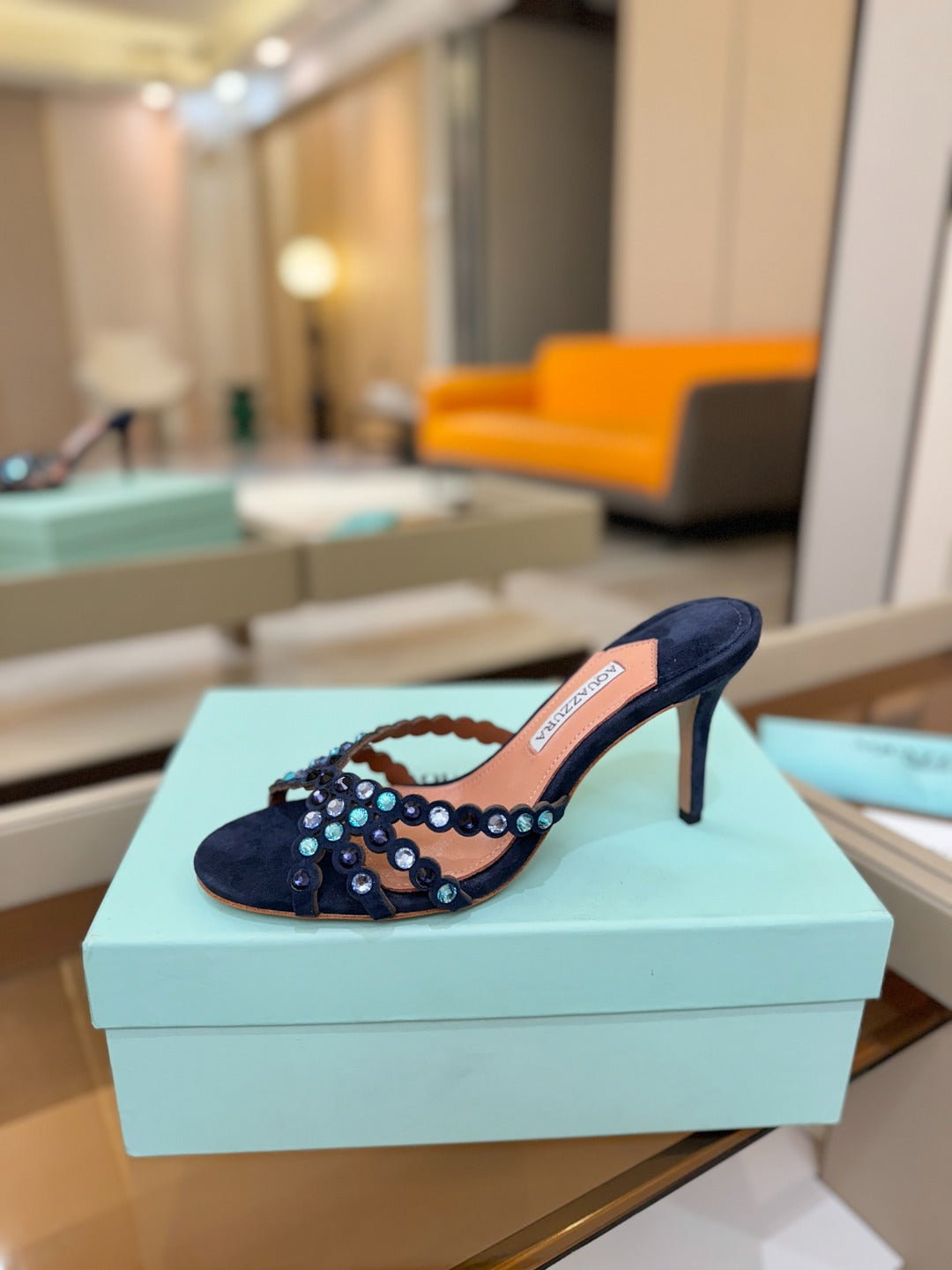 Aquazzura 26S Tequila Heeled Sandals 8.5cm Navy Blue Suede