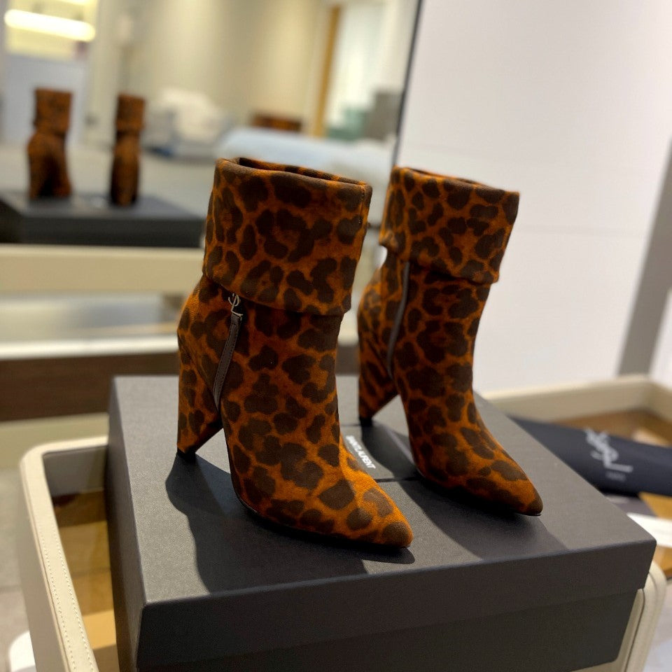 YSL 26s Leopard Ankle Boots Brown Black Suede 145334