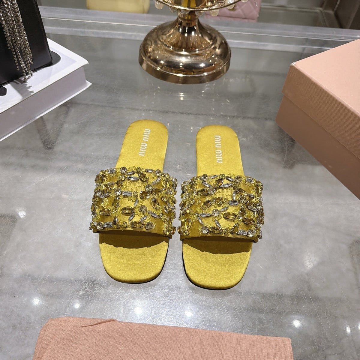 Miumiu 26s Sandals Yellow Embellished Silk