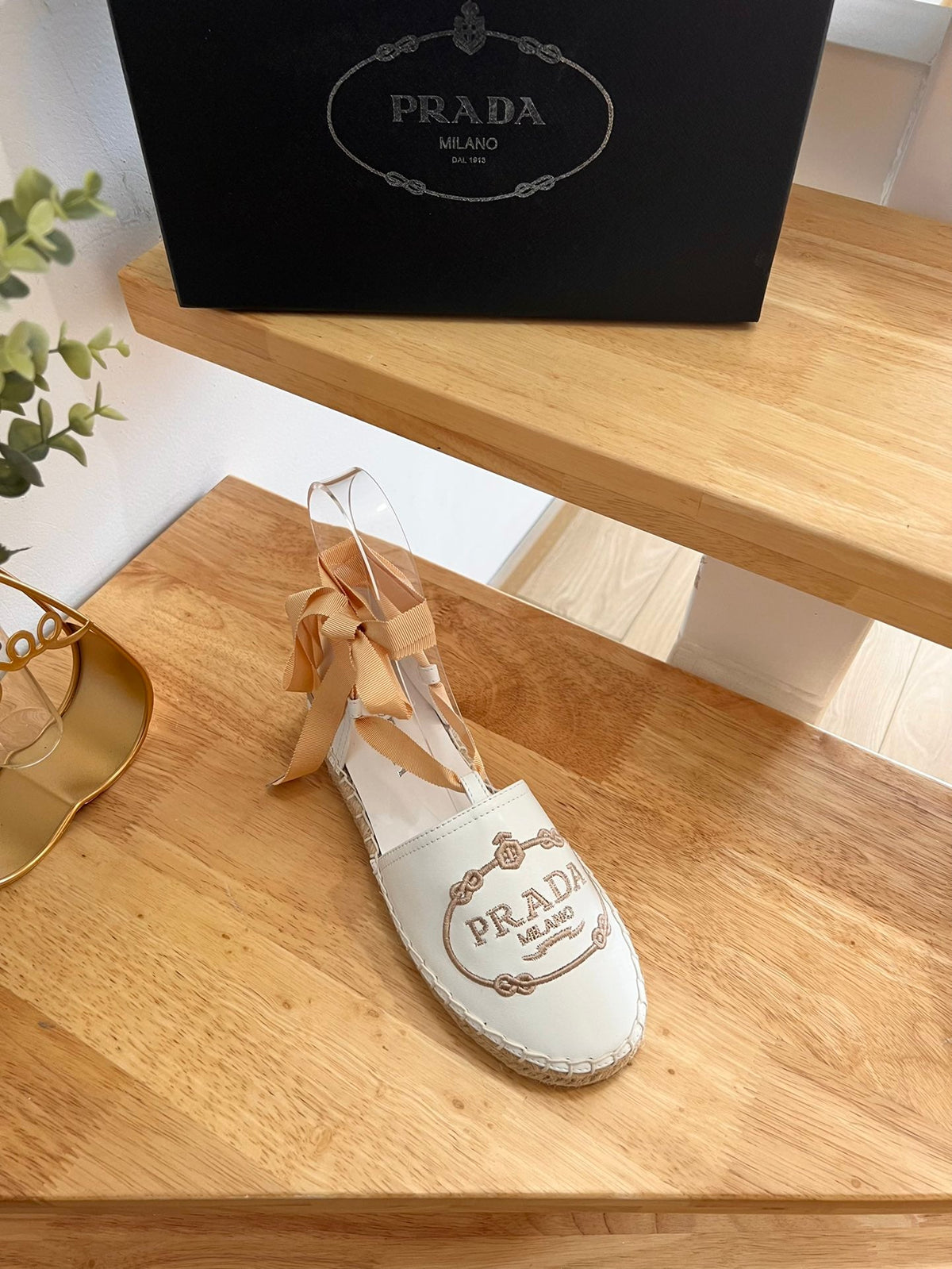 Prada 26s Lace Up Espadrille Flats Cream White Calfskin