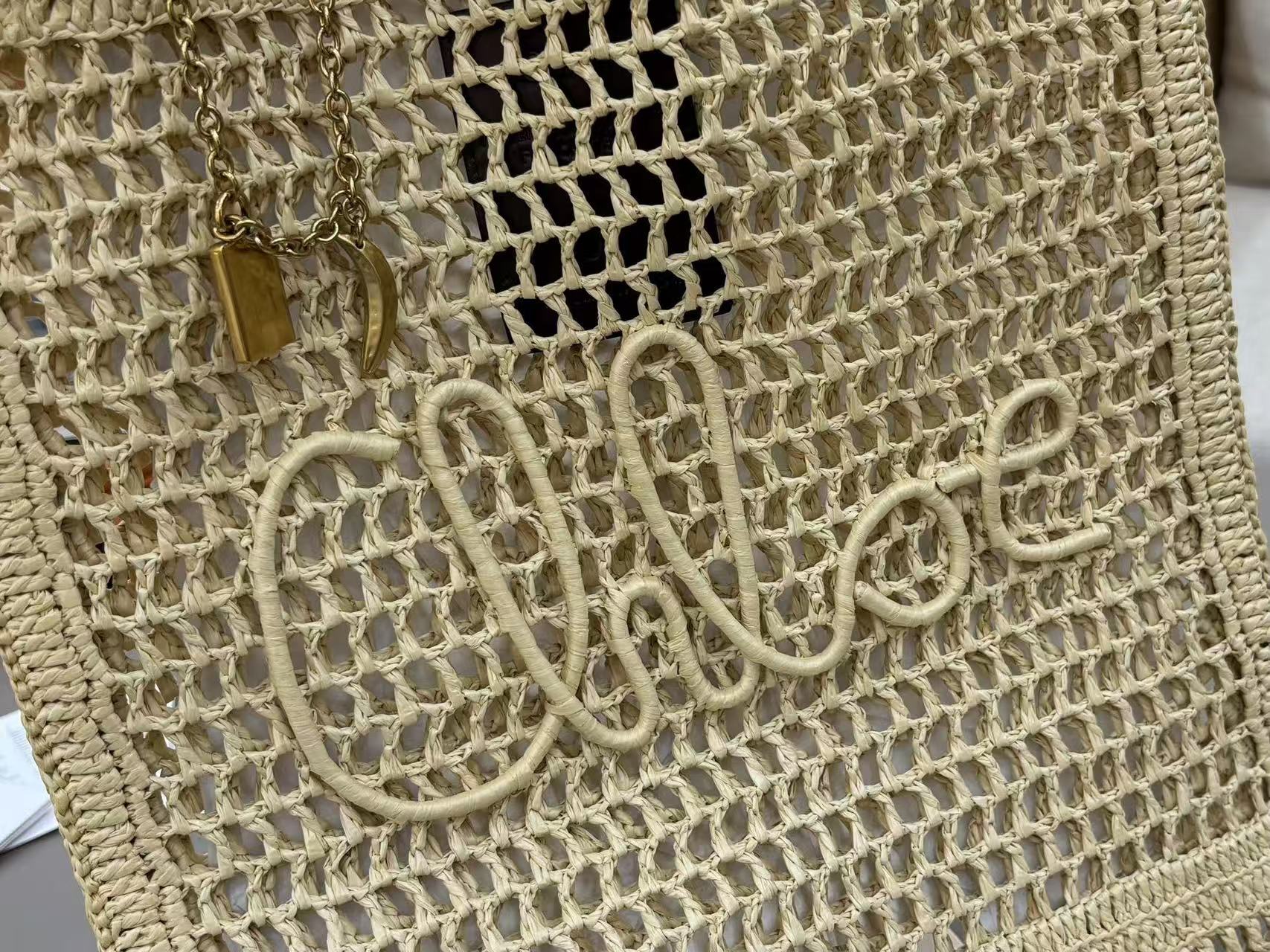 Chloé Summer Banana Crochet Tote Bag Raffia With Leather Trim